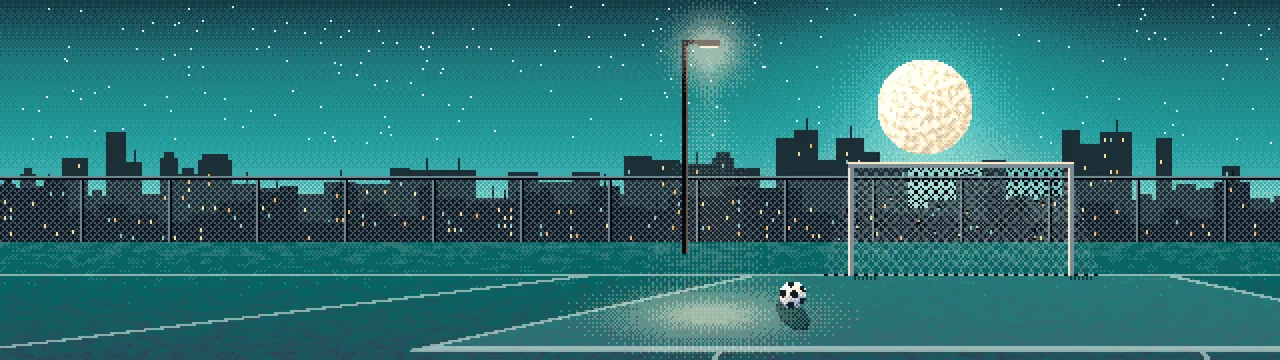 Teal Pixel Art Soccer Pitch Under the Moon dual monitor wallpaper, 7680 × 2160