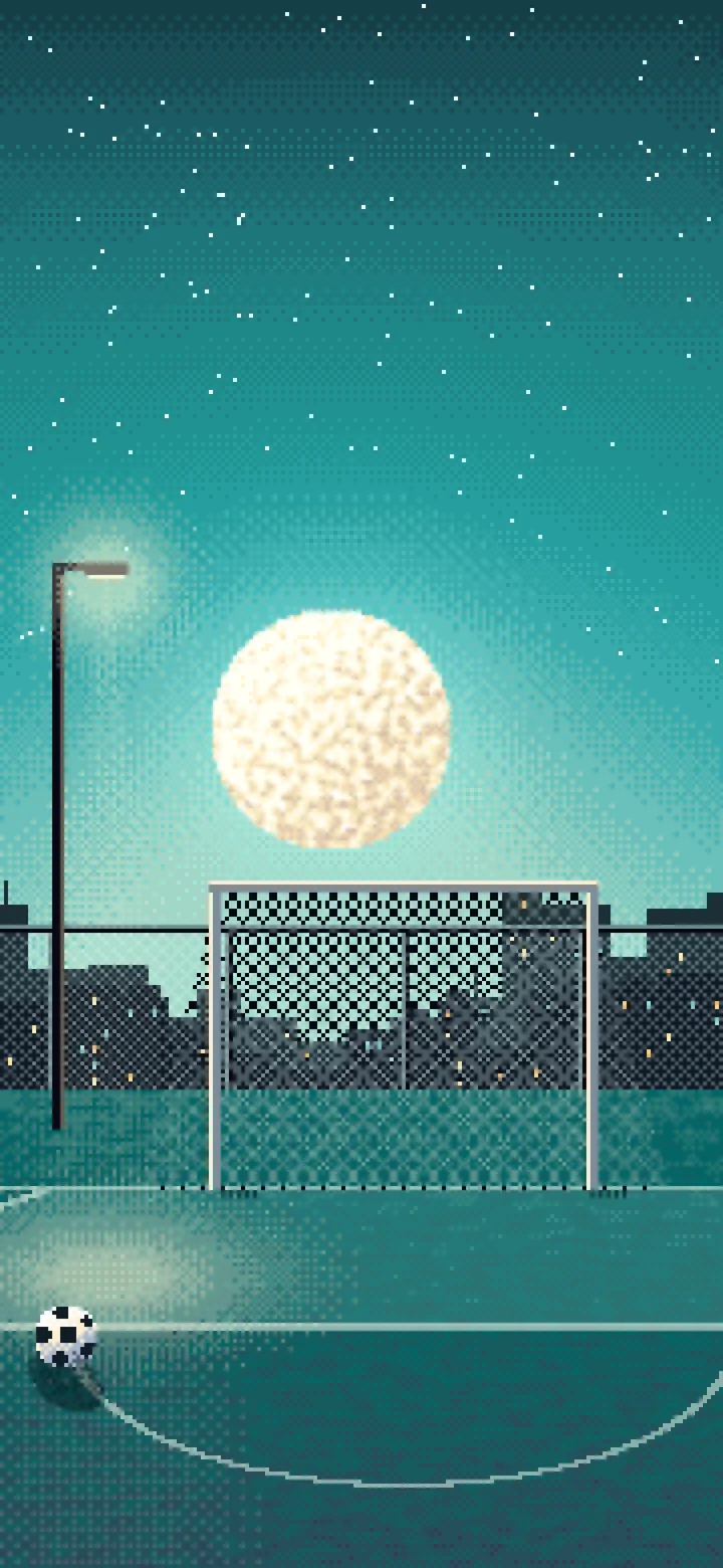 Teal Pixel Art Soccer Pitch Under the Moon wallpaper for iPhone and Android