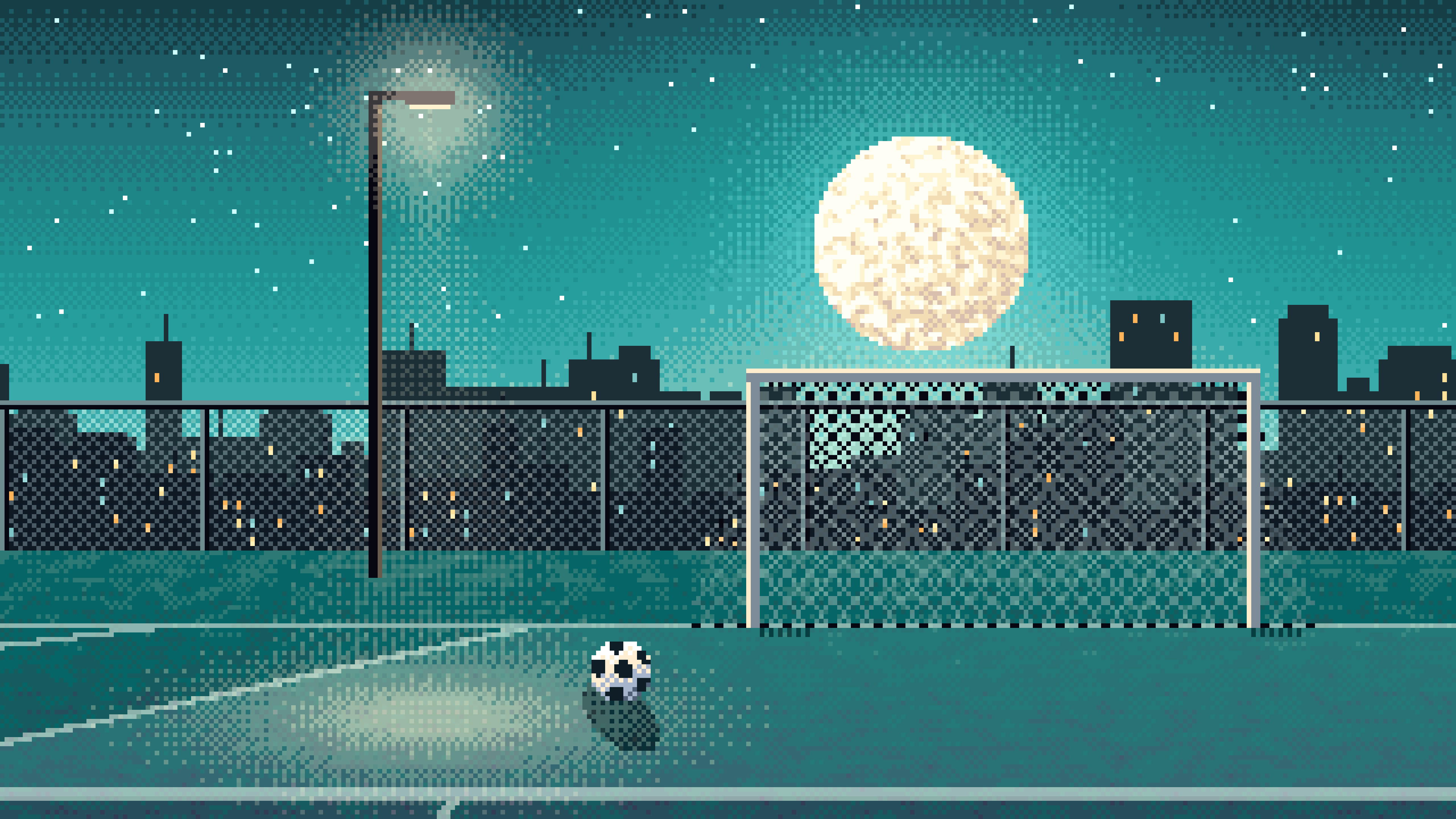 Teal Pixel Art Soccer Pitch Under the Moon desktop wallpaper in 4K
