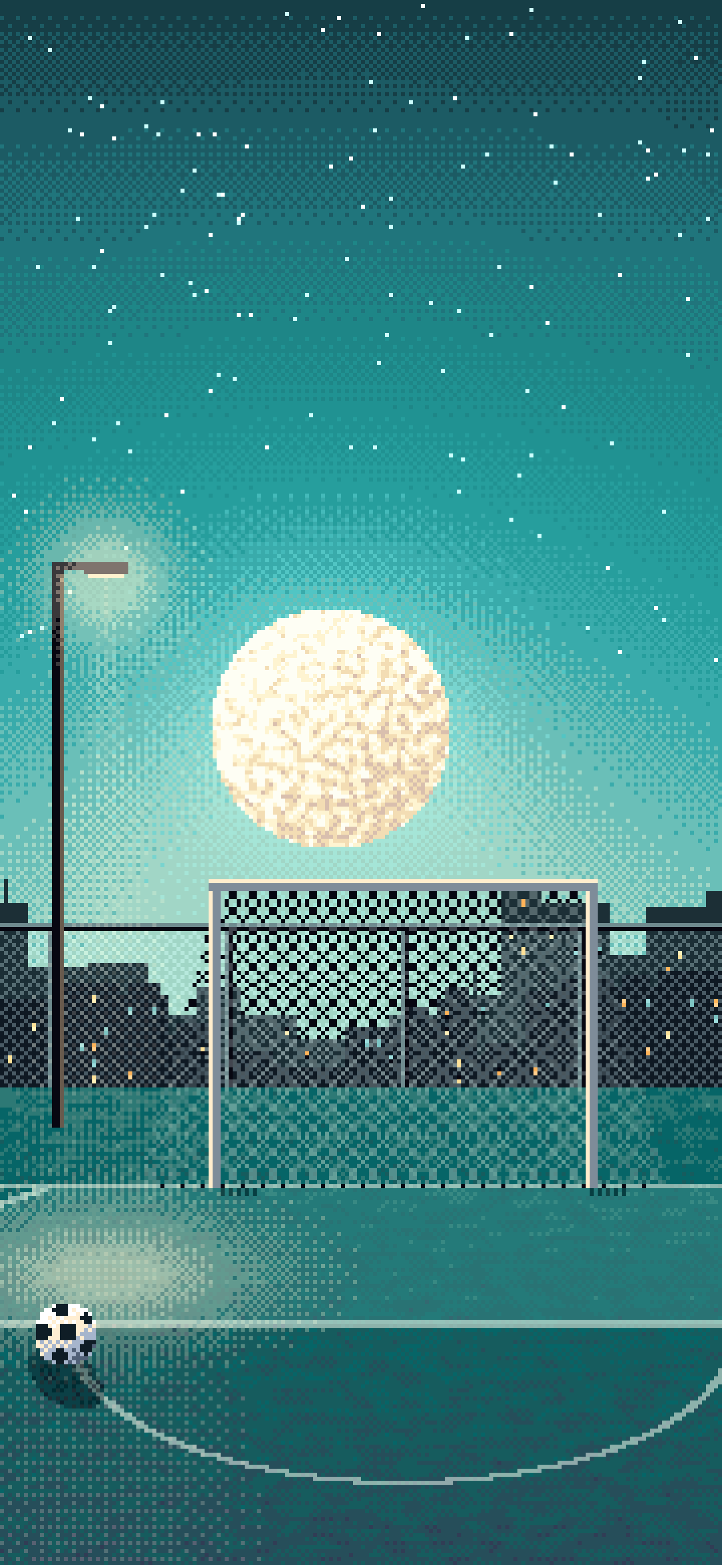 Teal Pixel Art Soccer Pitch Under the Moon wallpaper for iPhone and Android