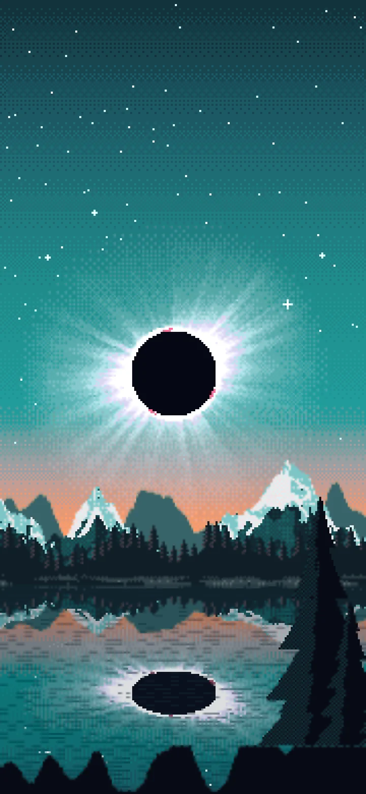 Teal Pixel Art Solar Eclipse Over a Lake wallpaper for iPhone and Android