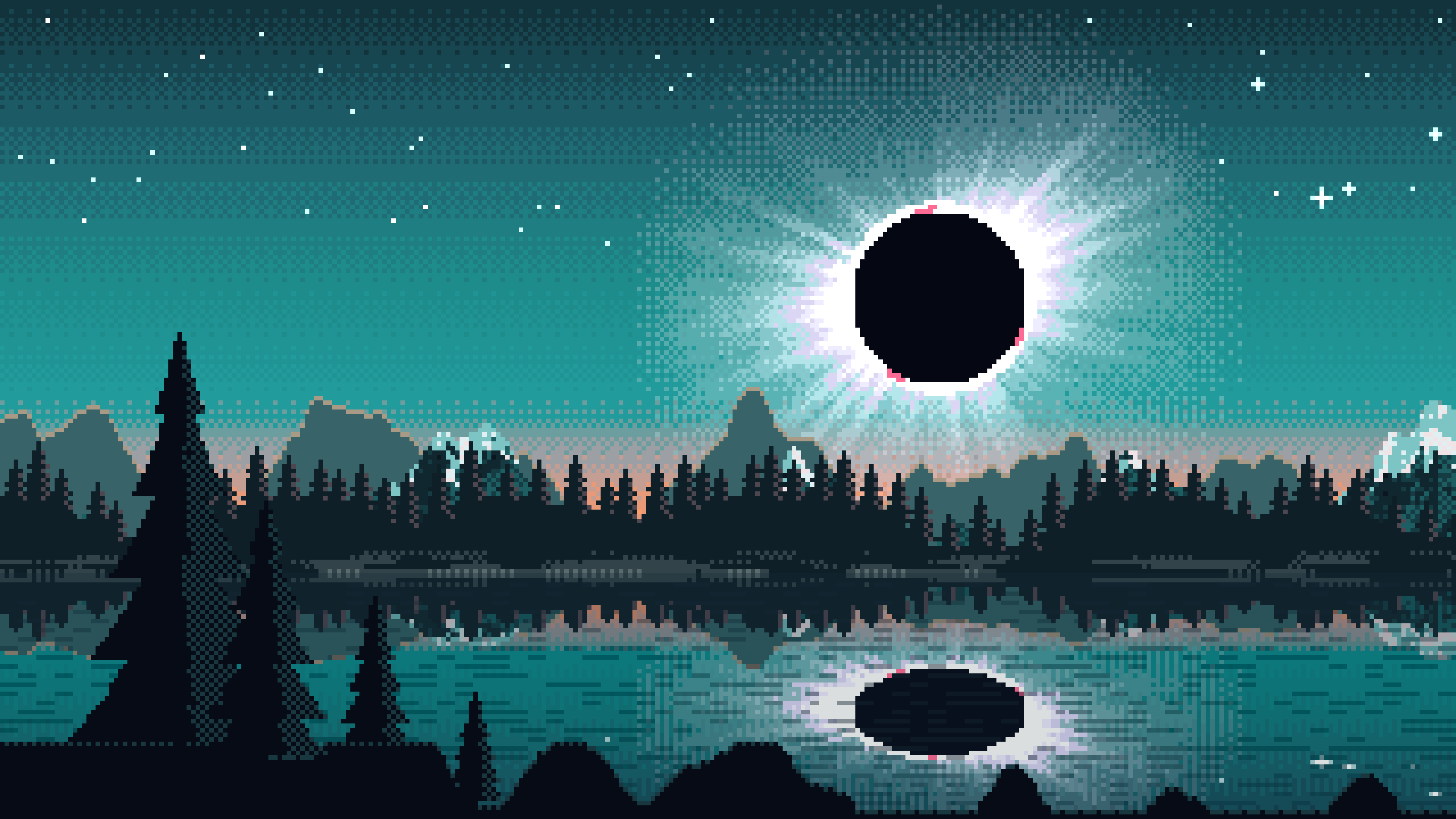 Teal Pixel Art Solar Eclipse Over a Lake desktop wallpaper in 4K