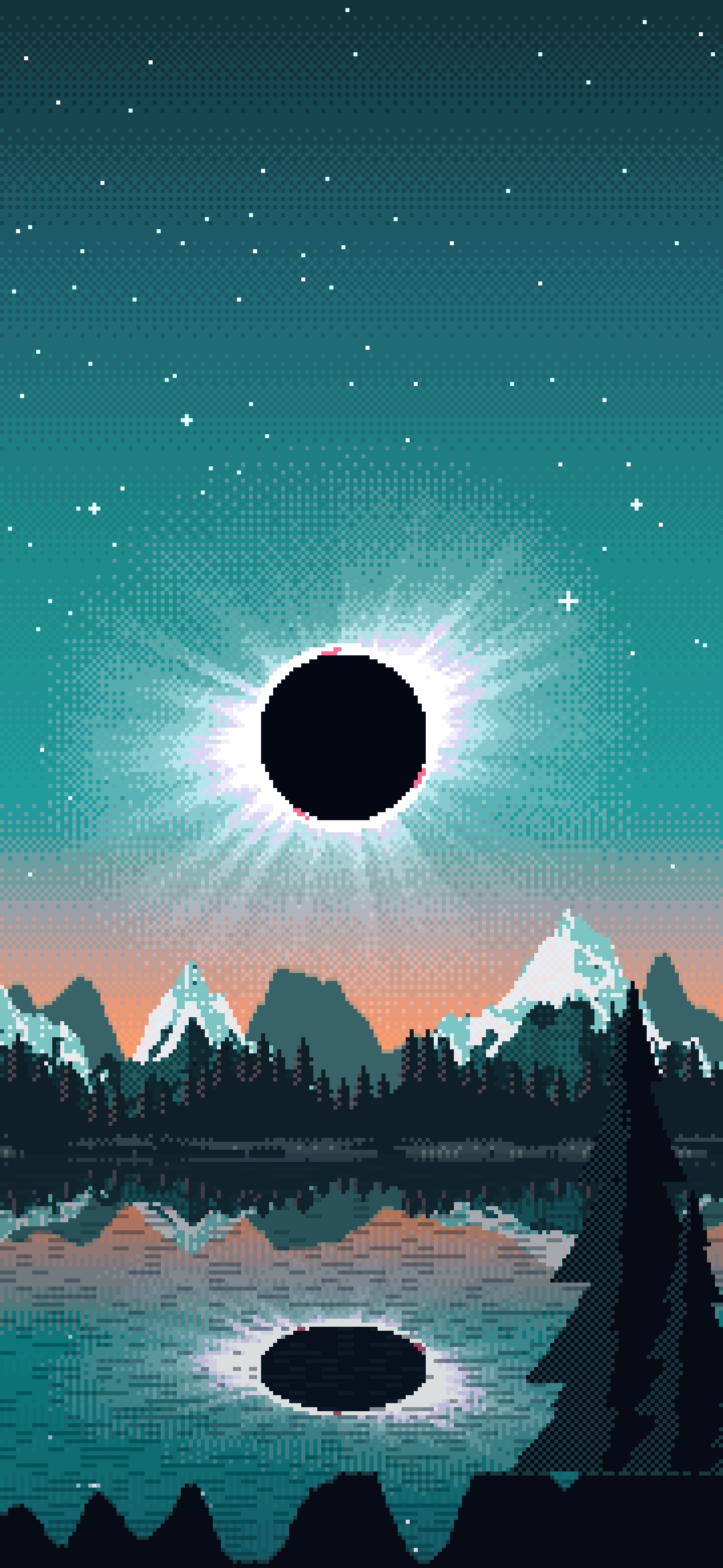 Teal Pixel Art Solar Eclipse Over a Lake wallpaper for iPhone and Android