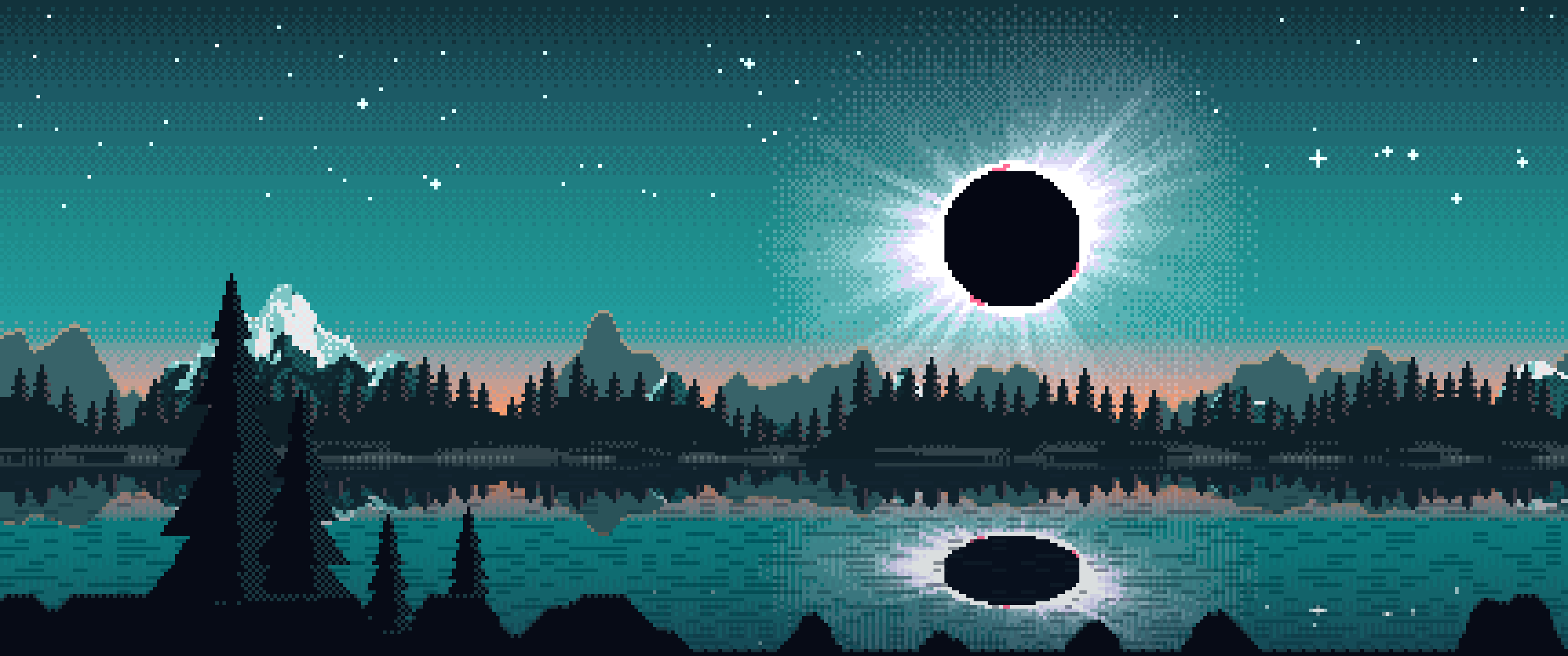 Teal Pixel Art Solar Eclipse Over a Lake ultrawide wallpaper, 3440 × 1440