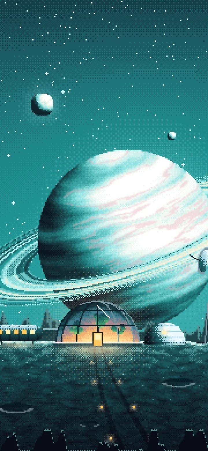 Teal Pixel Art Space Outpost Under a Ringed Planet wallpaper for iPhone and Android