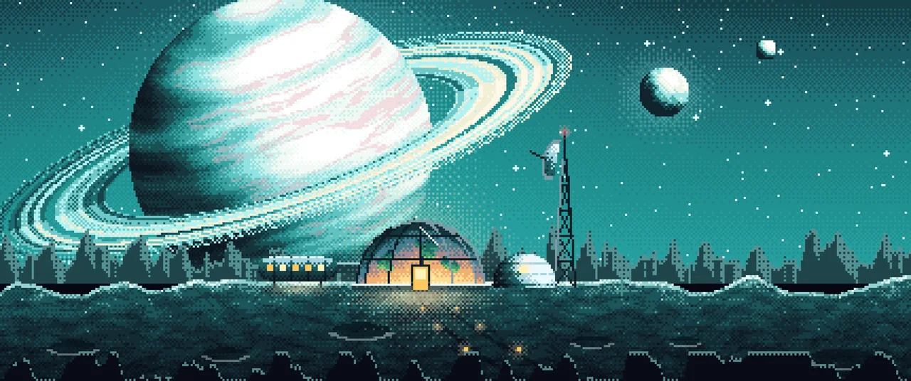 Teal Pixel Art Space Outpost Under a Ringed Planet ultrawide wallpaper, 3440 × 1440