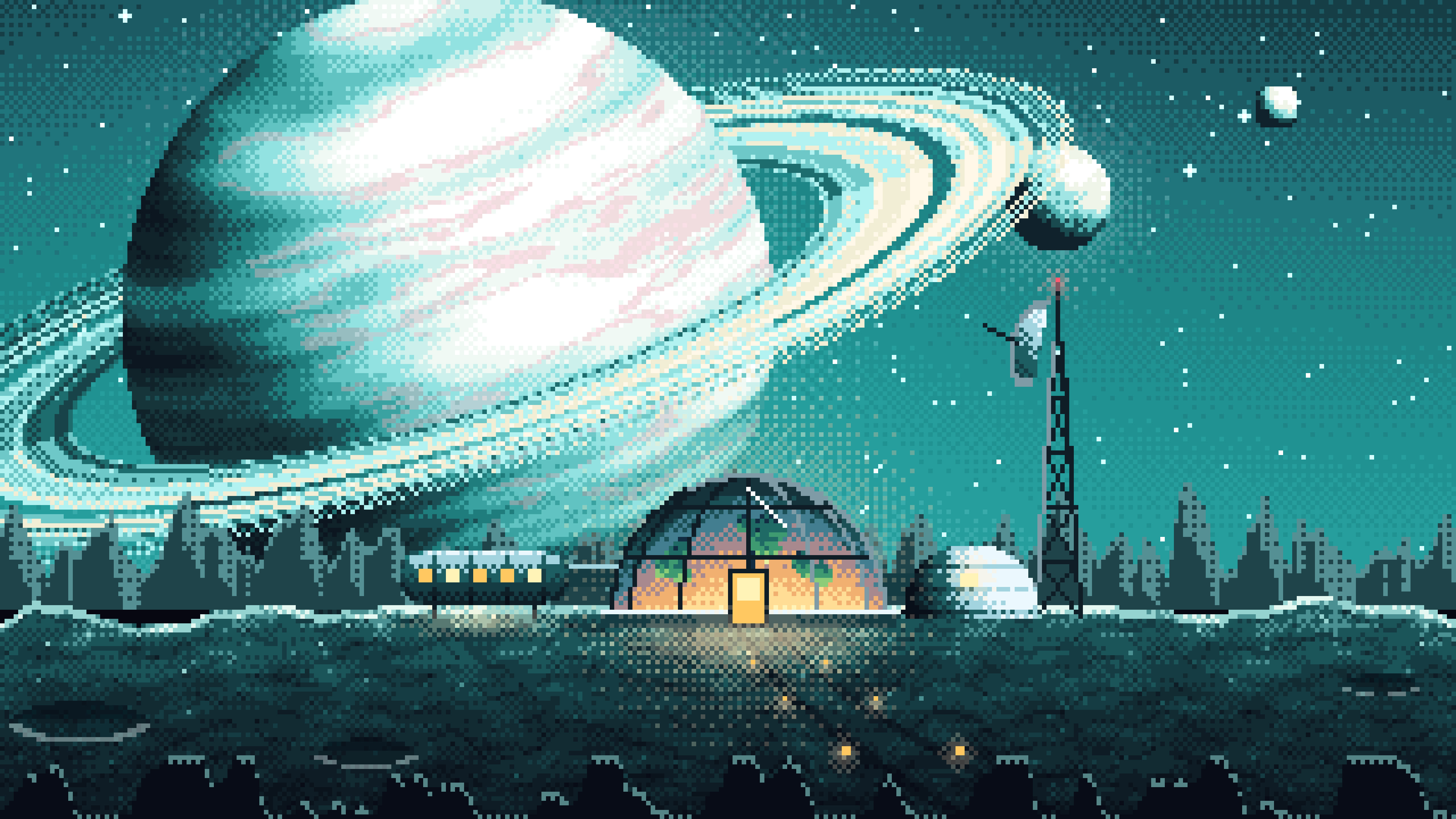 Teal Pixel Art Space Outpost Under a Ringed Planet desktop wallpaper in 4K