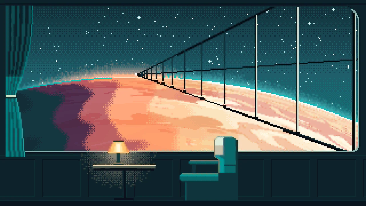 Teal Pixel Art Space Train Window Above a Planet desktop wallpaper in 4K