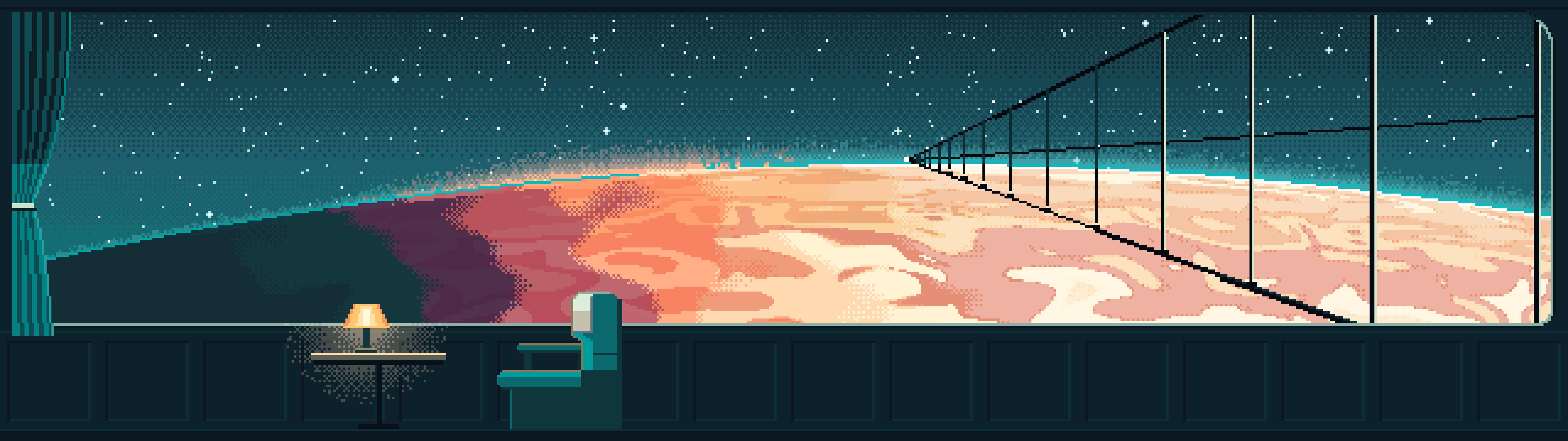 Teal Pixel Art Space Train Window Above a Planet dual monitor wallpaper, 7680 × 2160