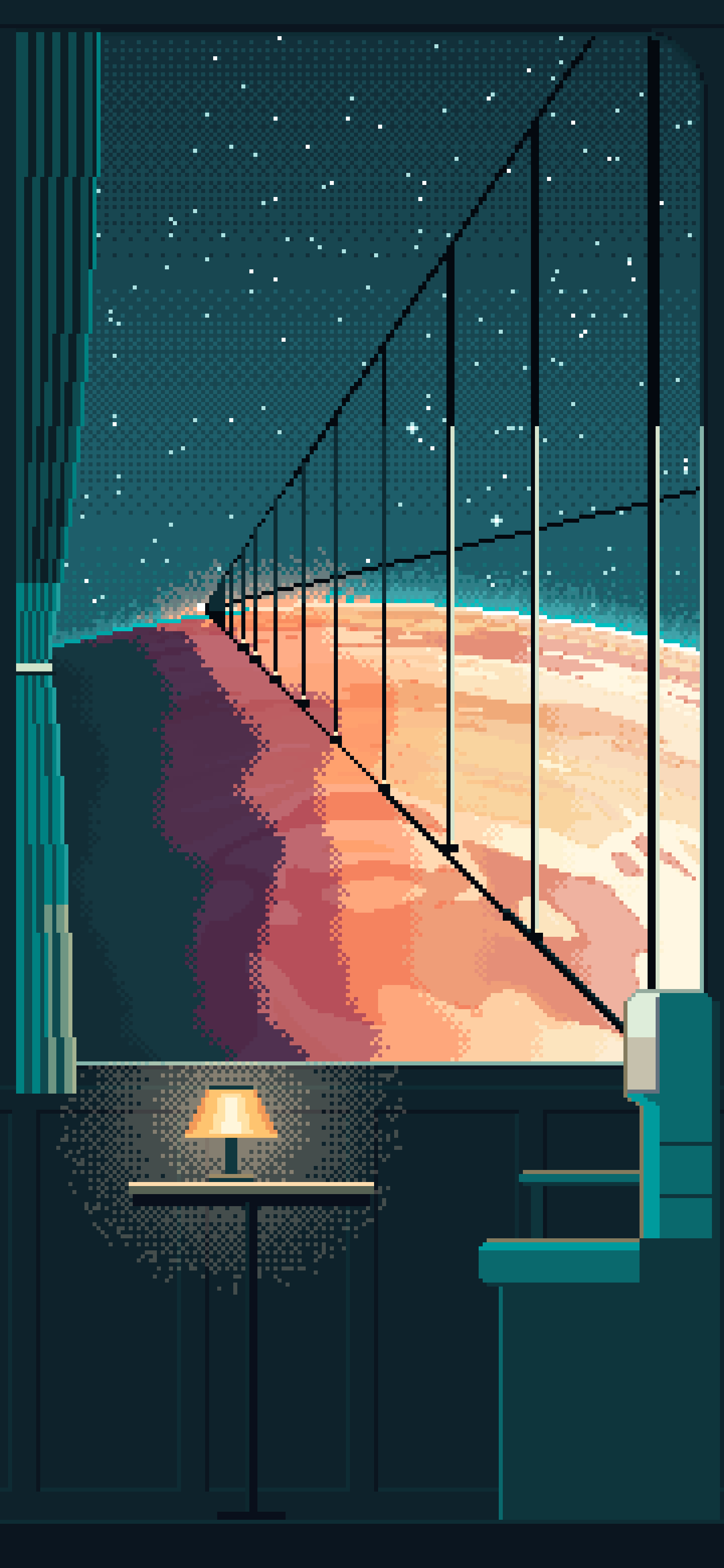 Teal Pixel Art Space Train Window Above a Planet wallpaper for iPhone and Android