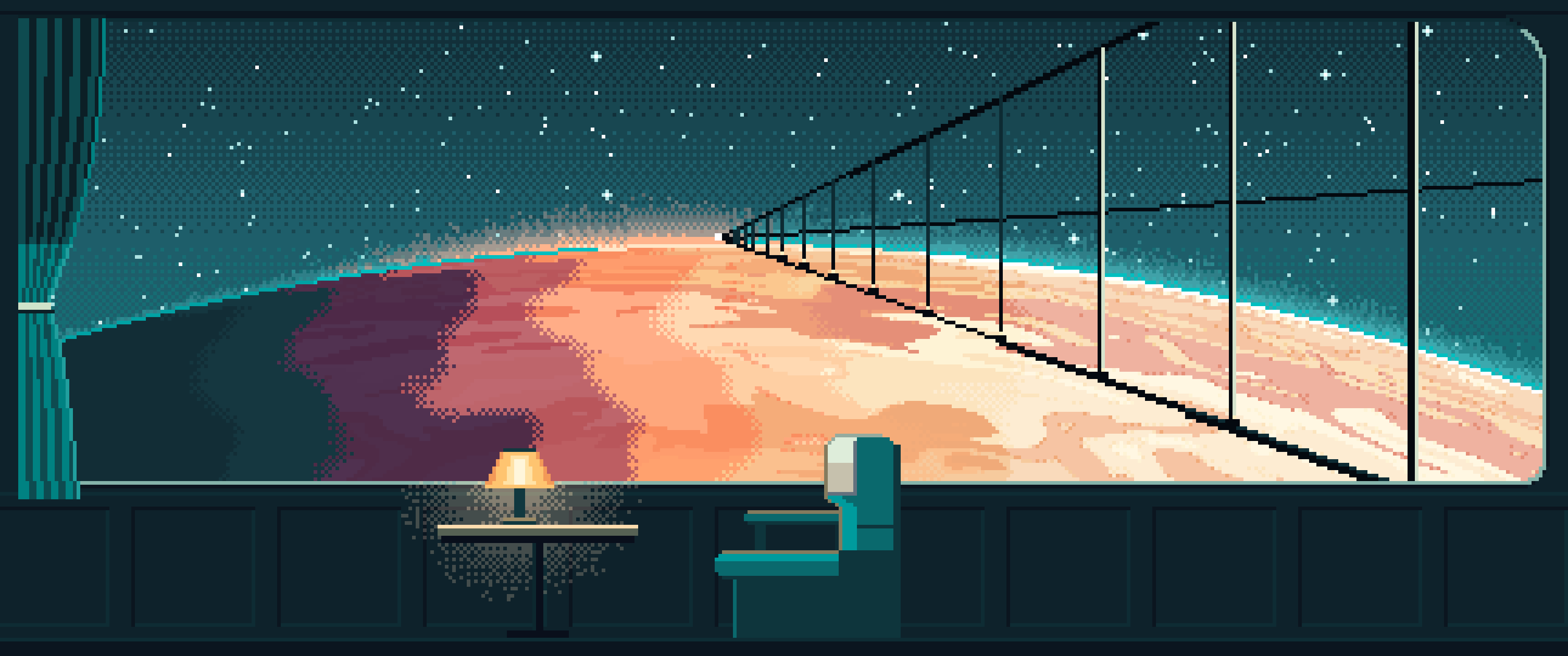 Teal Pixel Art Space Train Window Above a Planet ultrawide wallpaper, 3440 × 1440