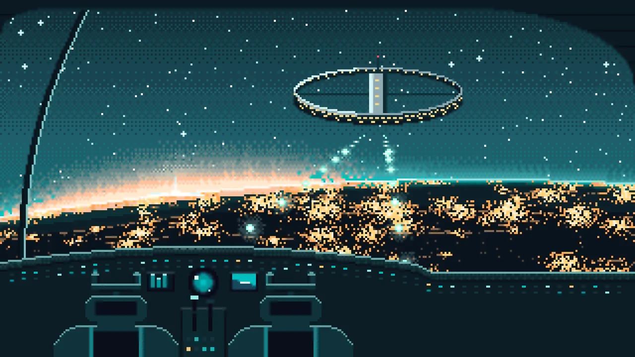 Teal Pixel Art Spaceship Cockpit Approaching a Planet at Night desktop wallpaper in 4K