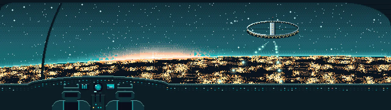 Teal Pixel Art Spaceship Cockpit Approaching a Planet at Night dual monitor wallpaper, 7680 × 2160