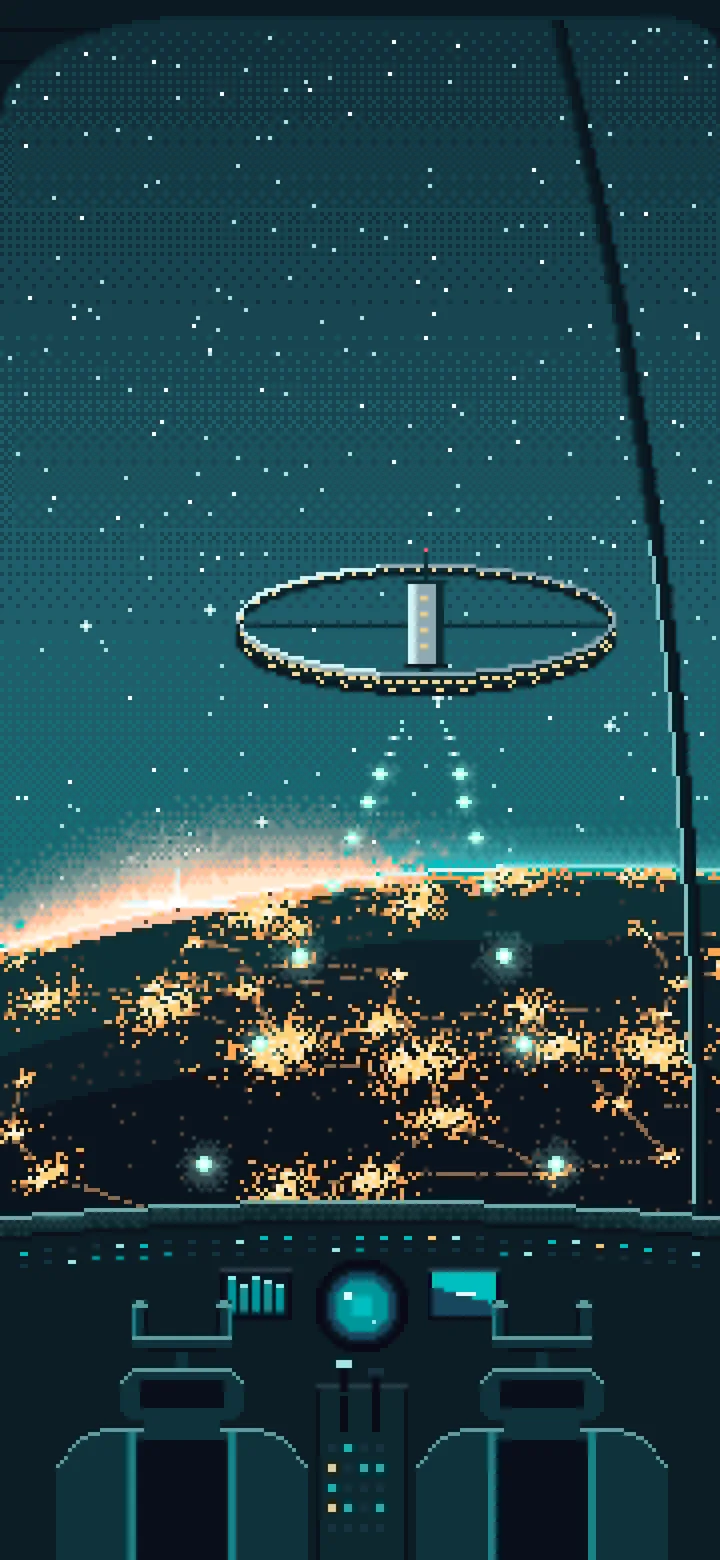 Teal Pixel Art Spaceship Cockpit Approaching a Planet at Night wallpaper for iPhone and Android
