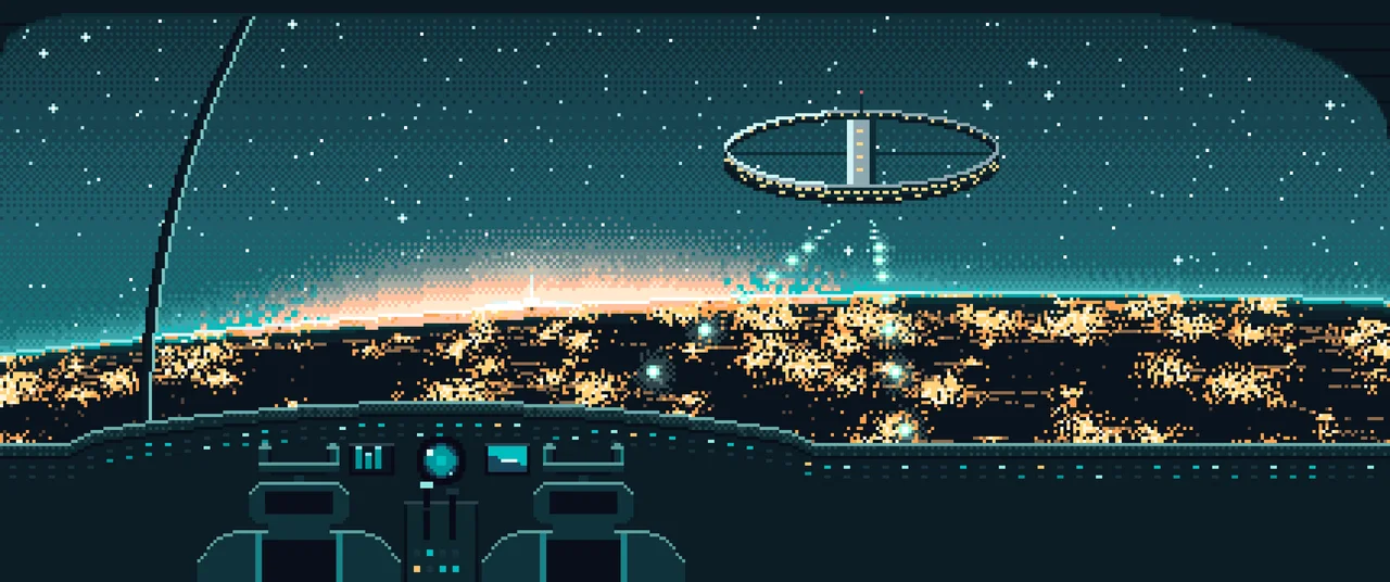 Teal Pixel Art Spaceship Cockpit Approaching a Planet at Night ultrawide wallpaper, 3440 × 1440