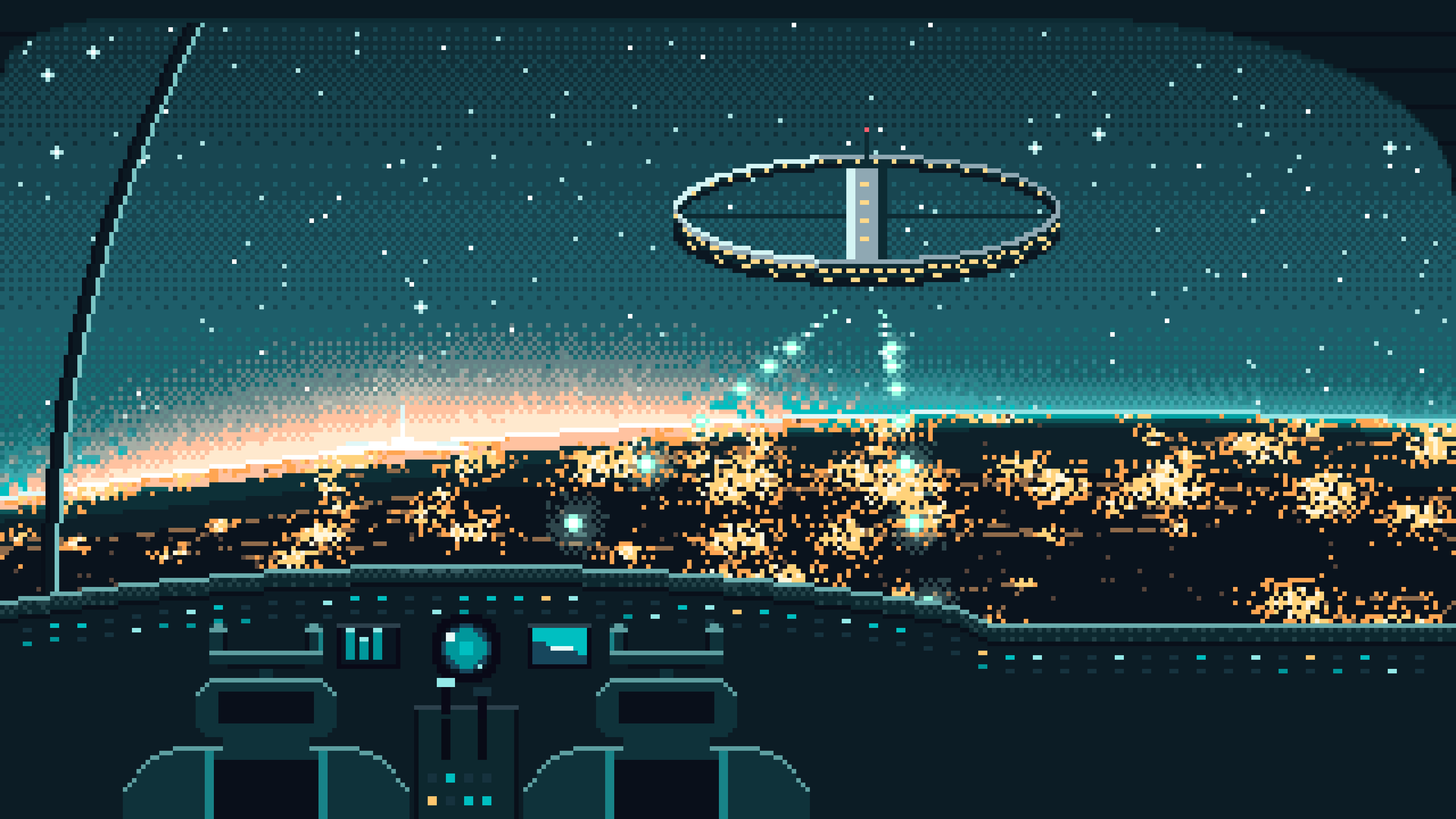 Teal Pixel Art Spaceship Cockpit Approaching a Planet at Night desktop wallpaper in 4K