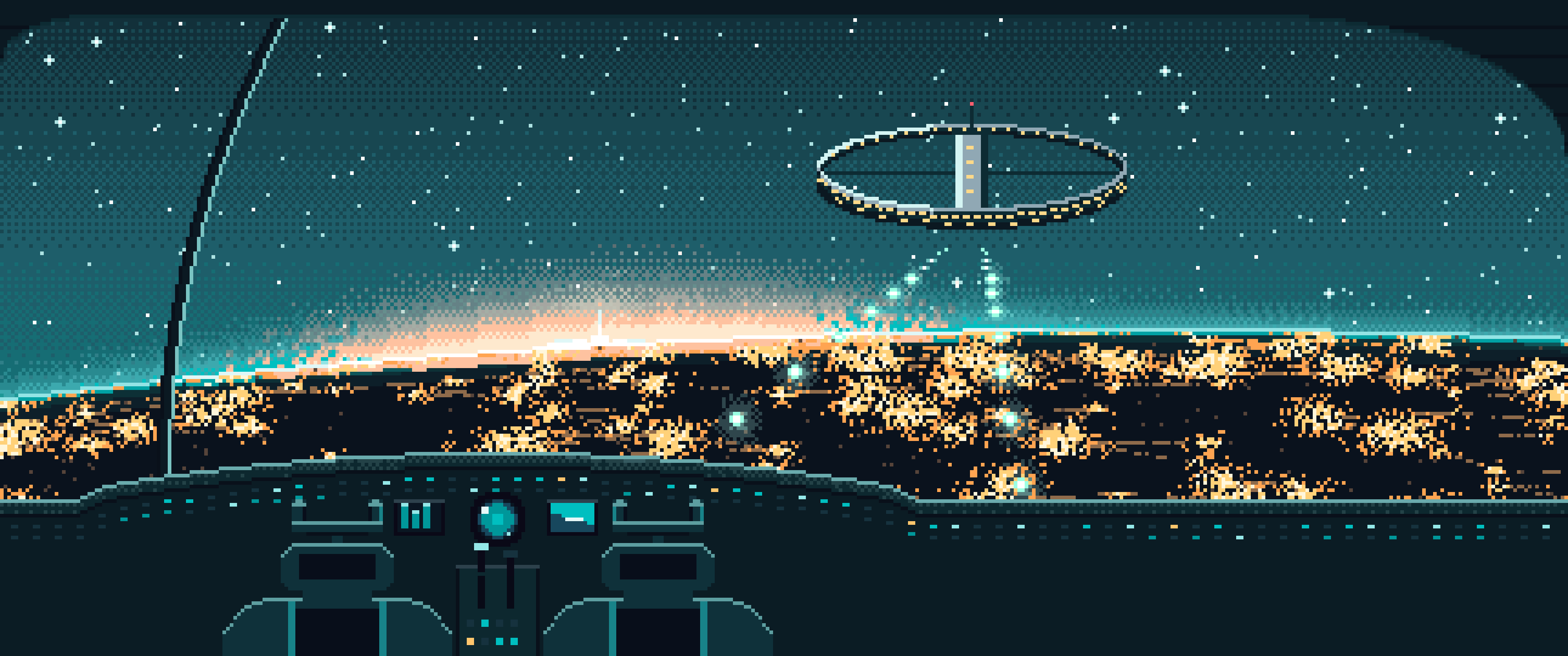 Teal Pixel Art Spaceship Cockpit Approaching a Planet at Night ultrawide wallpaper, 3440 × 1440