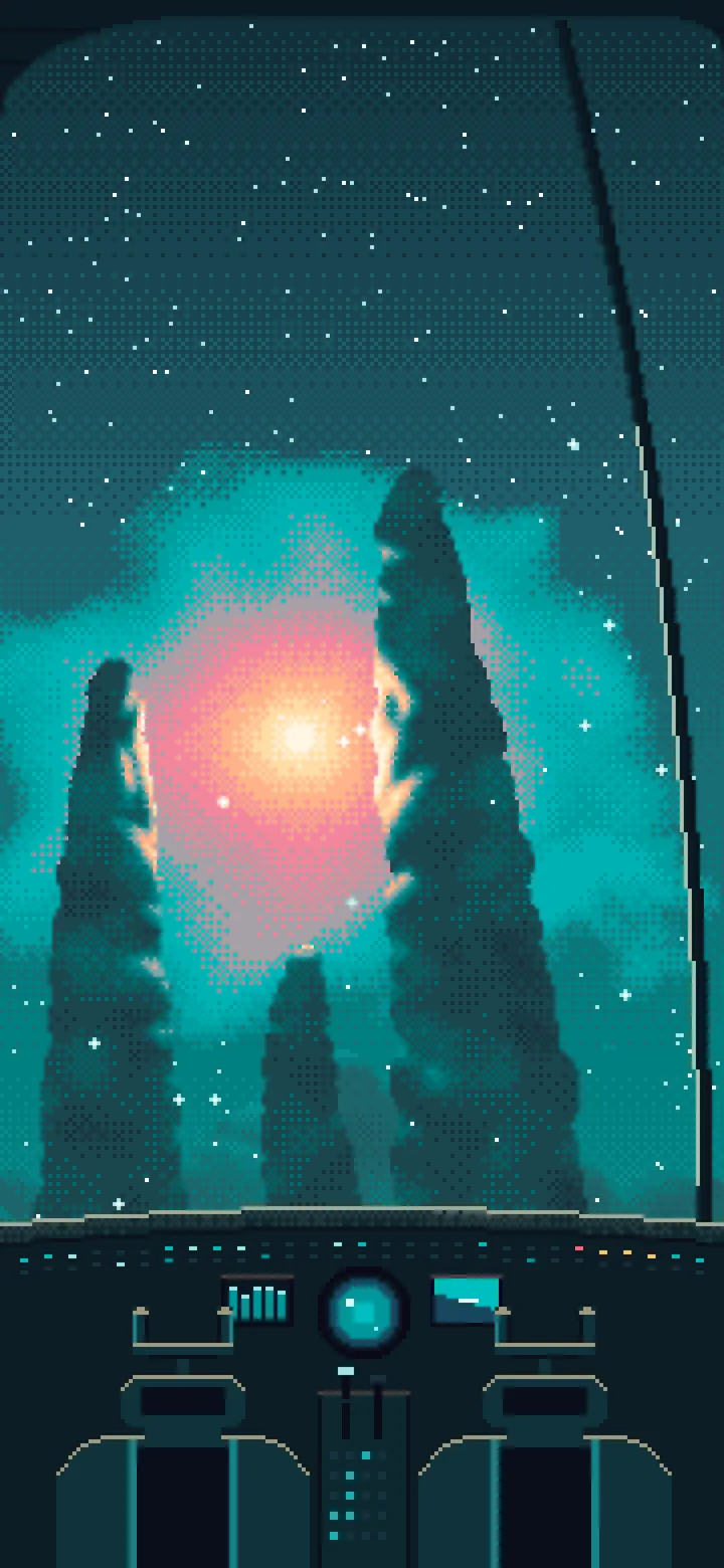 Teal Pixel Art Spaceship Cockpit Flying Toward a Nebula wallpaper for iPhone and Android