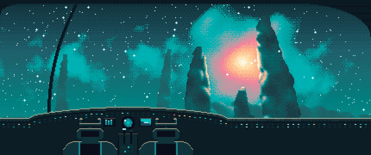 Teal Pixel Art Spaceship Cockpit Flying Toward a Nebula ultrawide wallpaper, 3440 × 1440