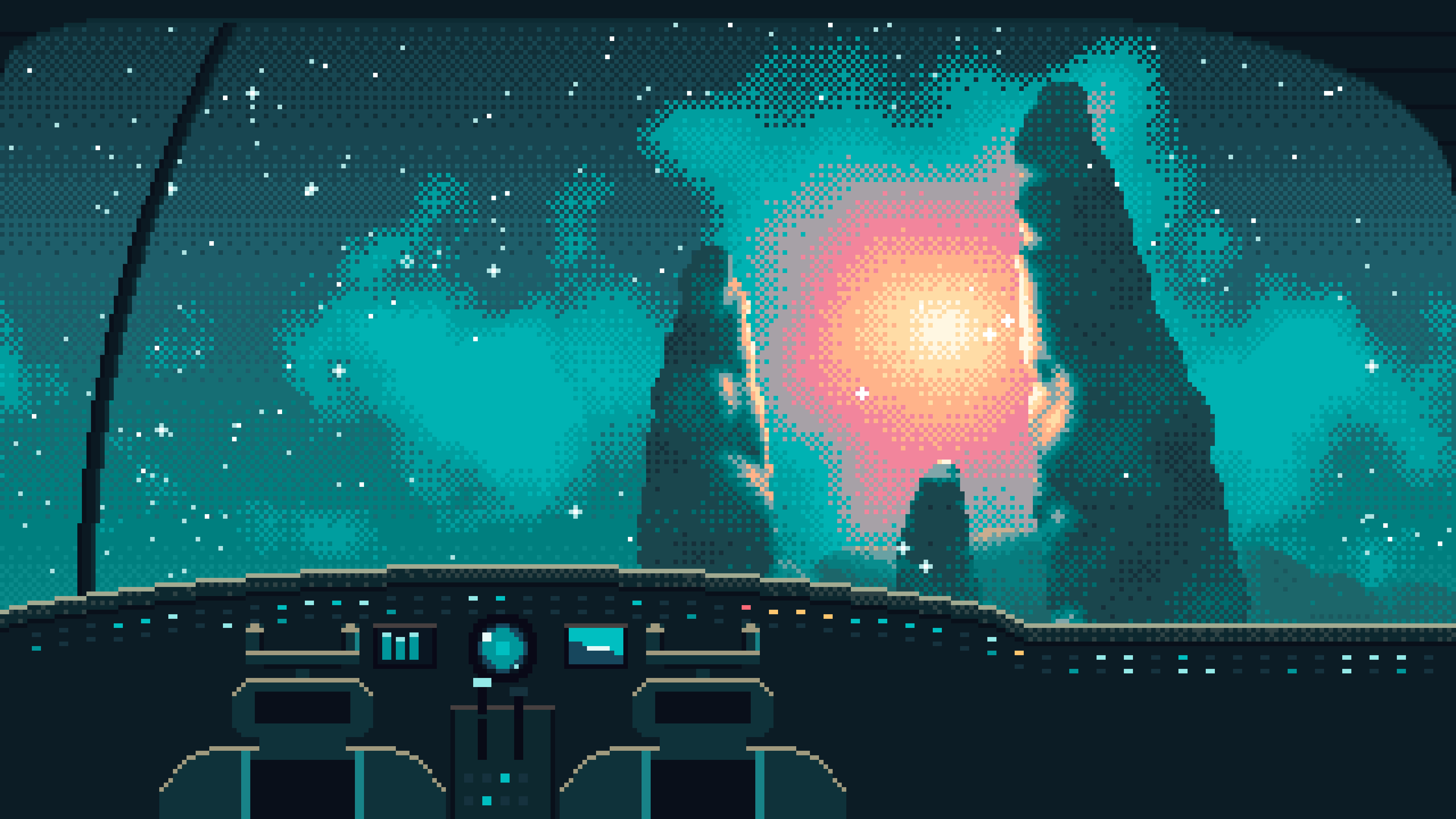 Teal Pixel Art Spaceship Cockpit Flying Toward a Nebula desktop wallpaper in 4K