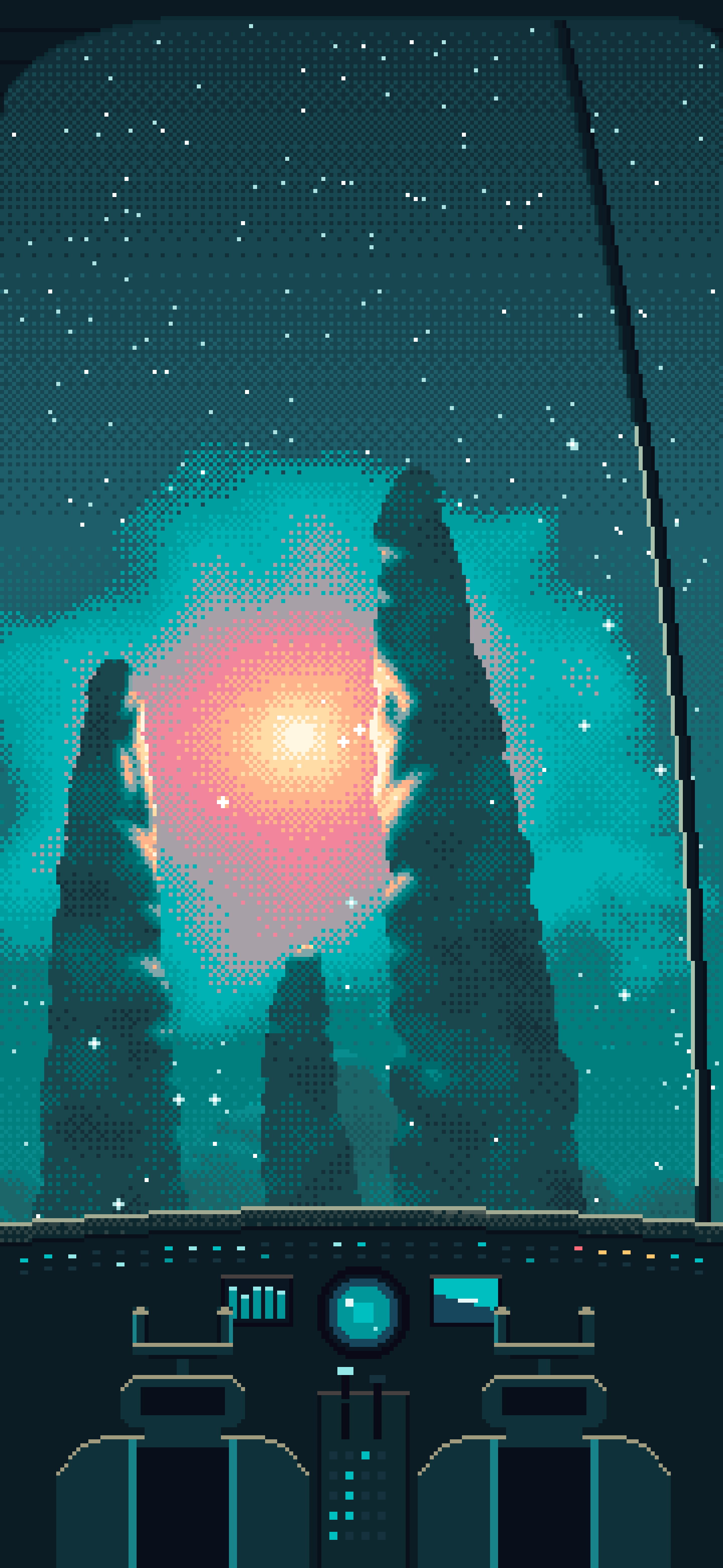 Teal Pixel Art Spaceship Cockpit Flying Toward a Nebula wallpaper for iPhone and Android