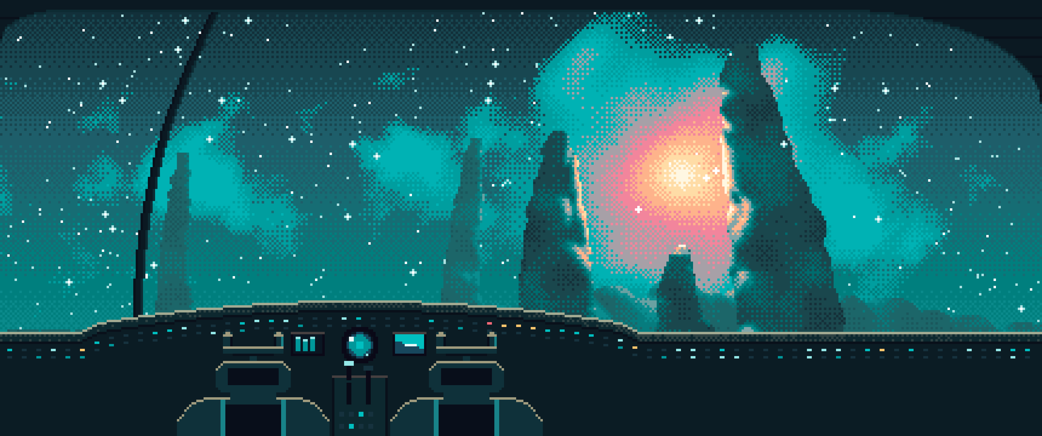 Teal Pixel Art Spaceship Cockpit Flying Toward a Nebula ultrawide wallpaper, 3440 × 1440