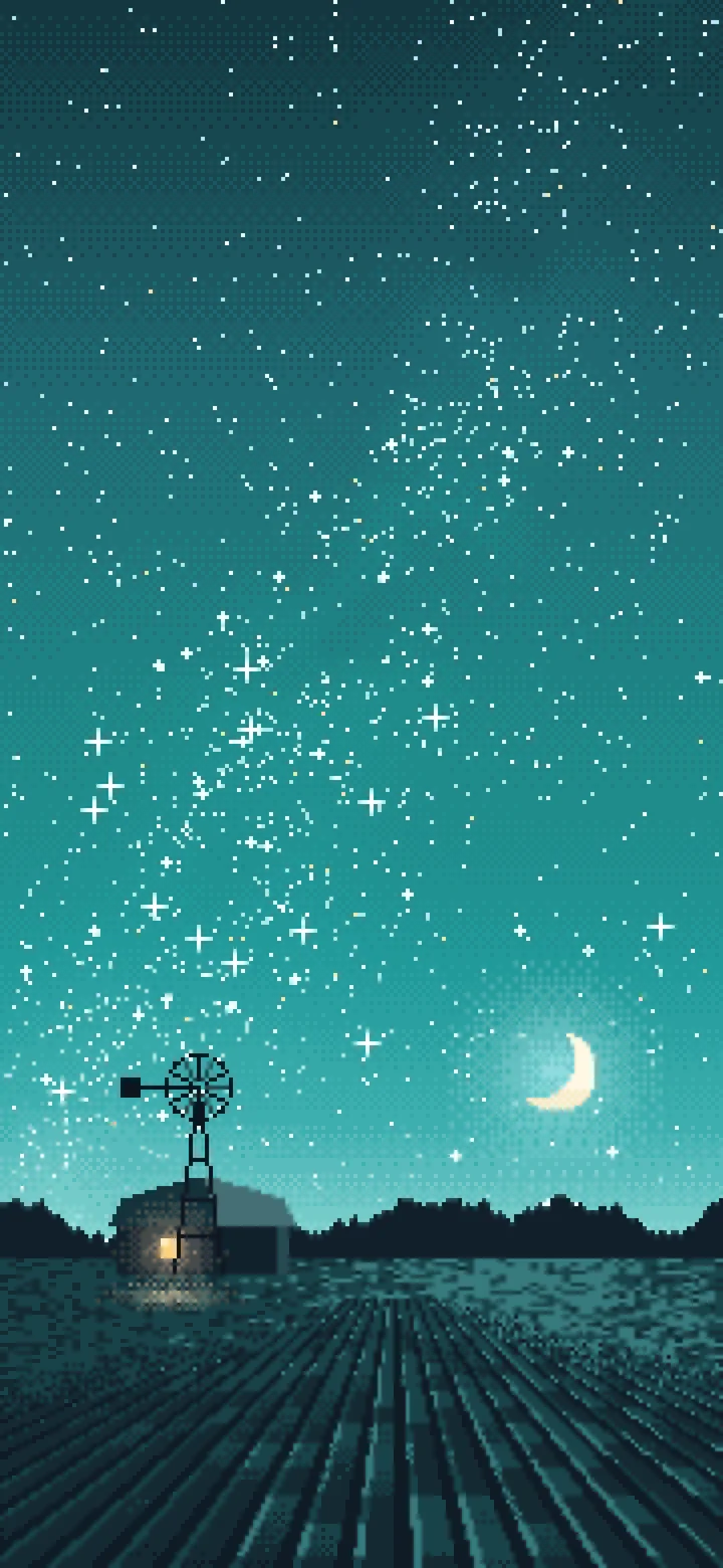 Teal Pixel Art Starry Night Sky Over a Field wallpaper for iPhone and Android
