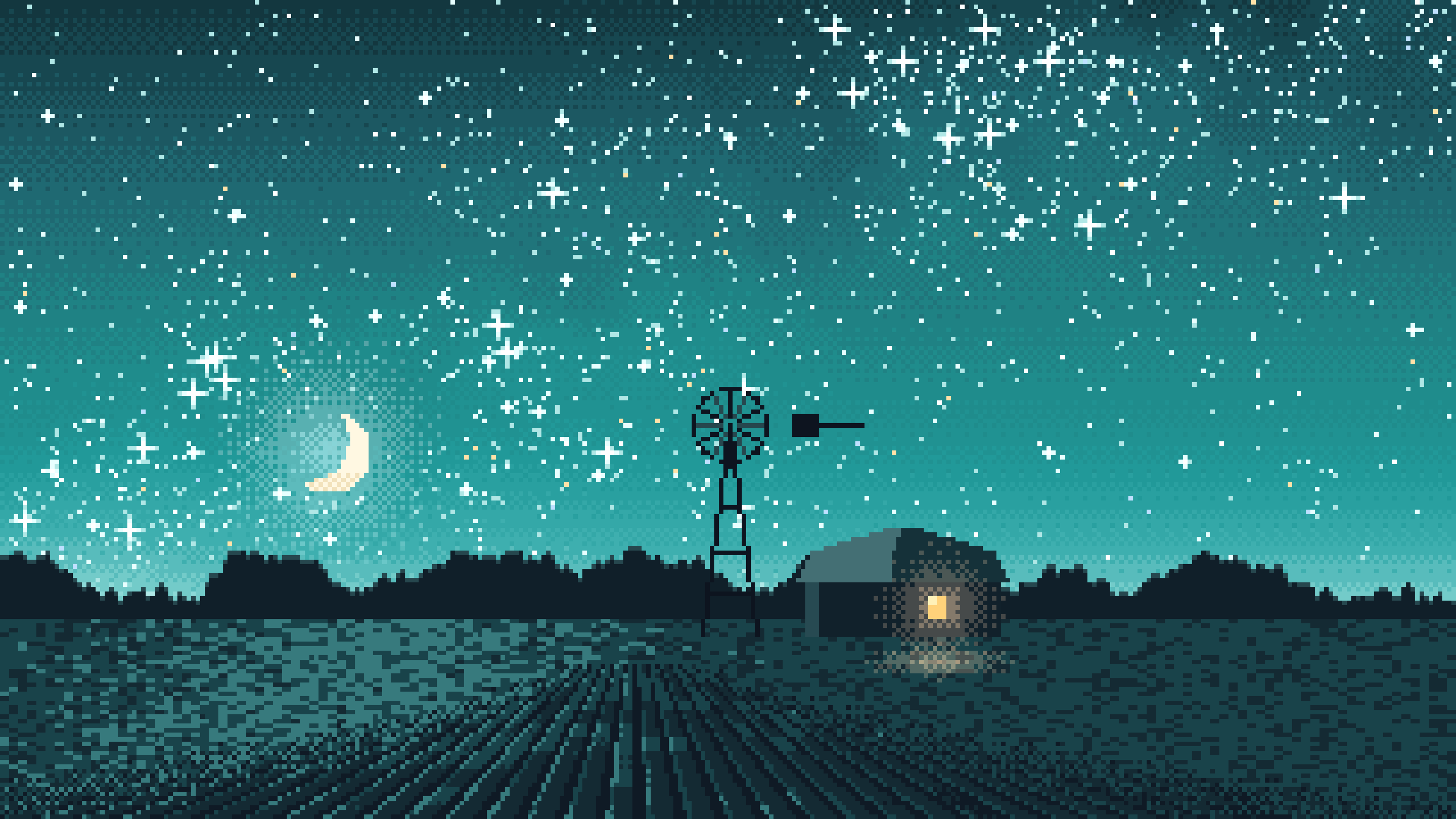 Teal Pixel Art Starry Night Sky Over a Field desktop wallpaper in 4K