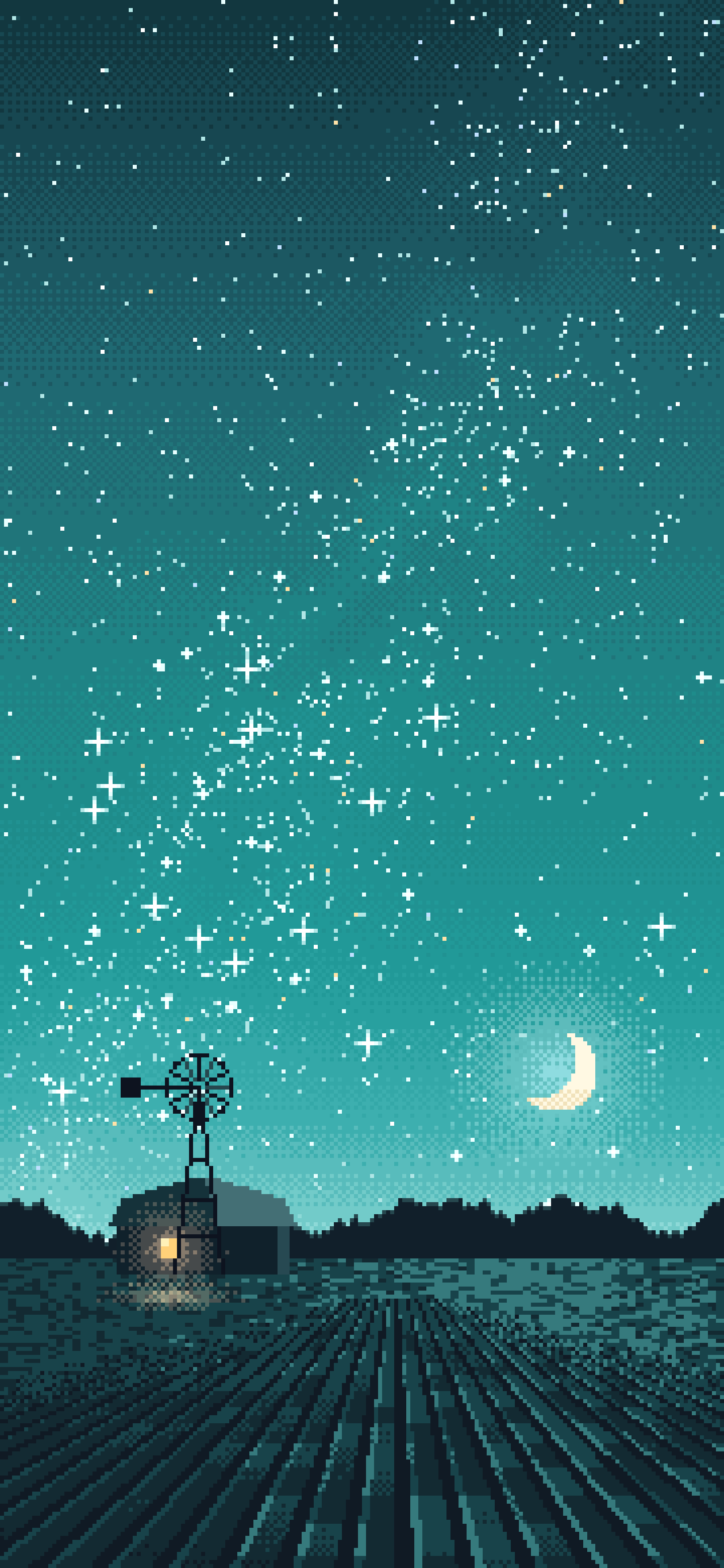 Teal Pixel Art Starry Night Sky Over a Field wallpaper for iPhone and Android