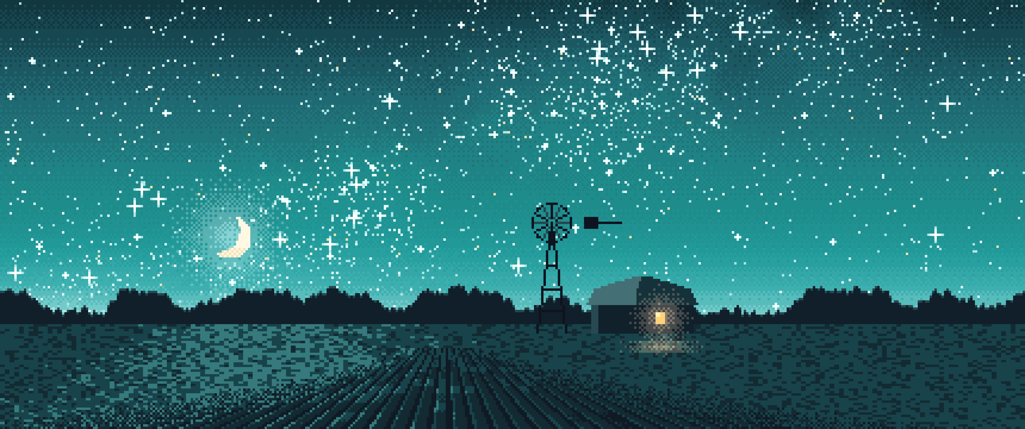 Teal Pixel Art Starry Night Sky Over a Field ultrawide wallpaper, 3440 × 1440