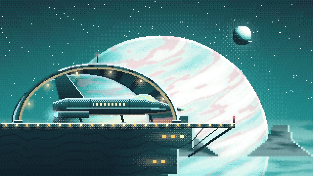 Teal Pixel Art Starship Hangar at Planet Rise desktop wallpaper in 4K