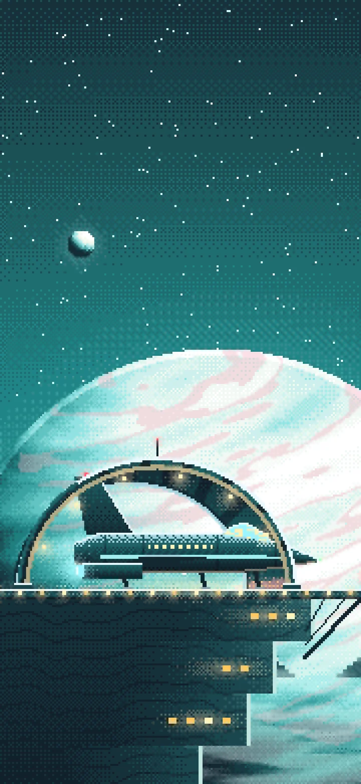 Teal Pixel Art Starship Hangar at Planet Rise wallpaper for iPhone and Android