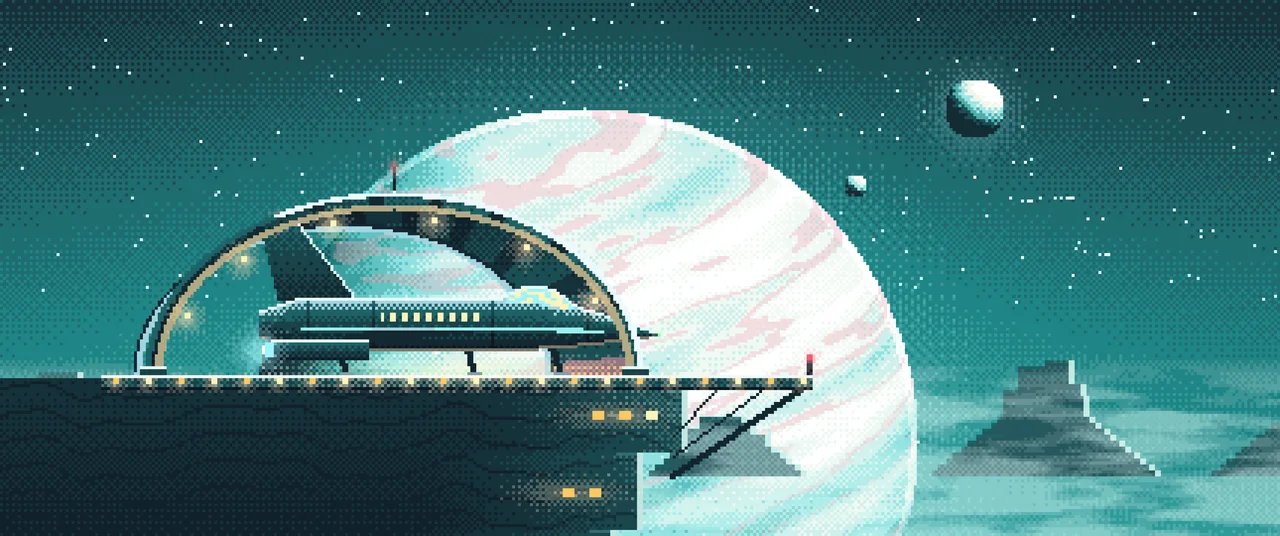 Teal Pixel Art Starship Hangar at Planet Rise ultrawide wallpaper, 3440 × 1440
