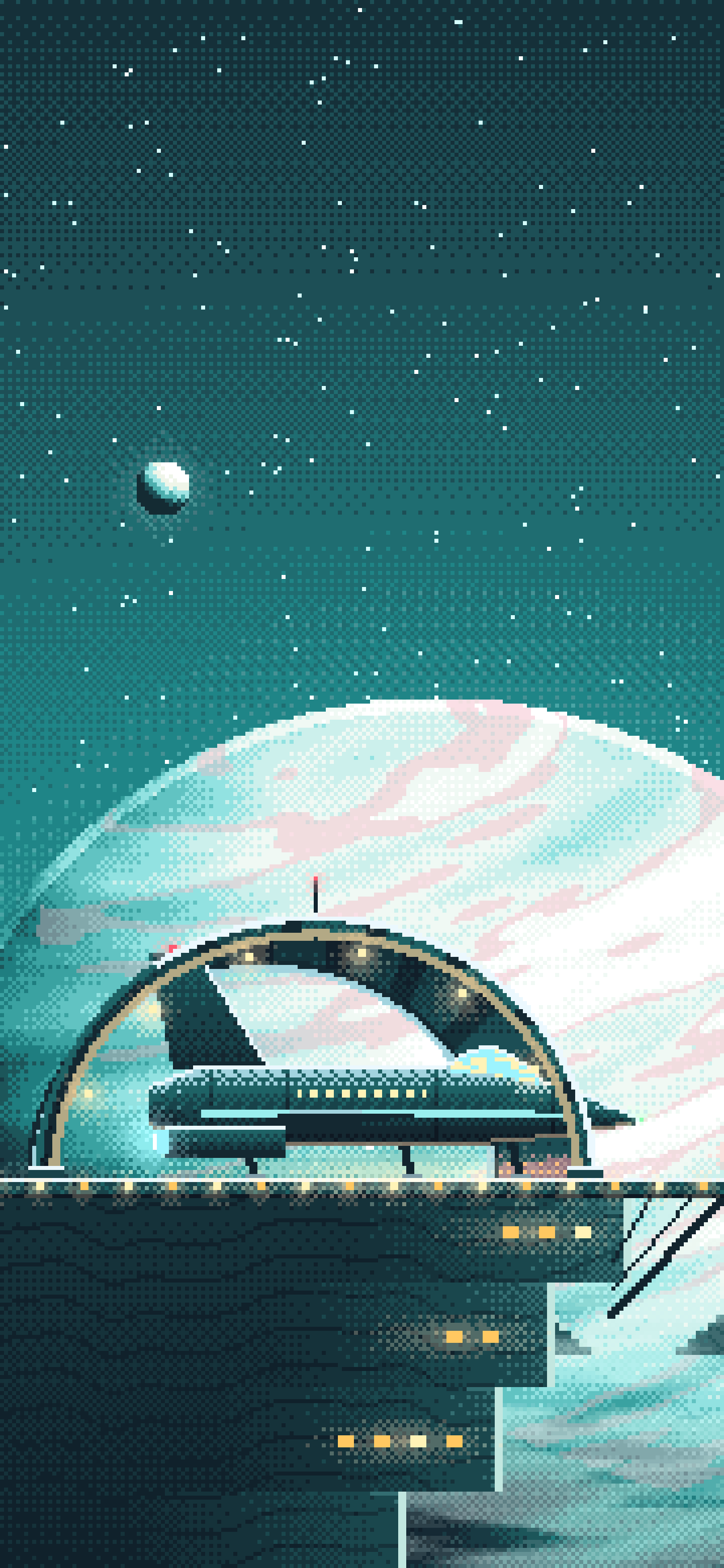 Teal Pixel Art Starship Hangar at Planet Rise wallpaper for iPhone and Android