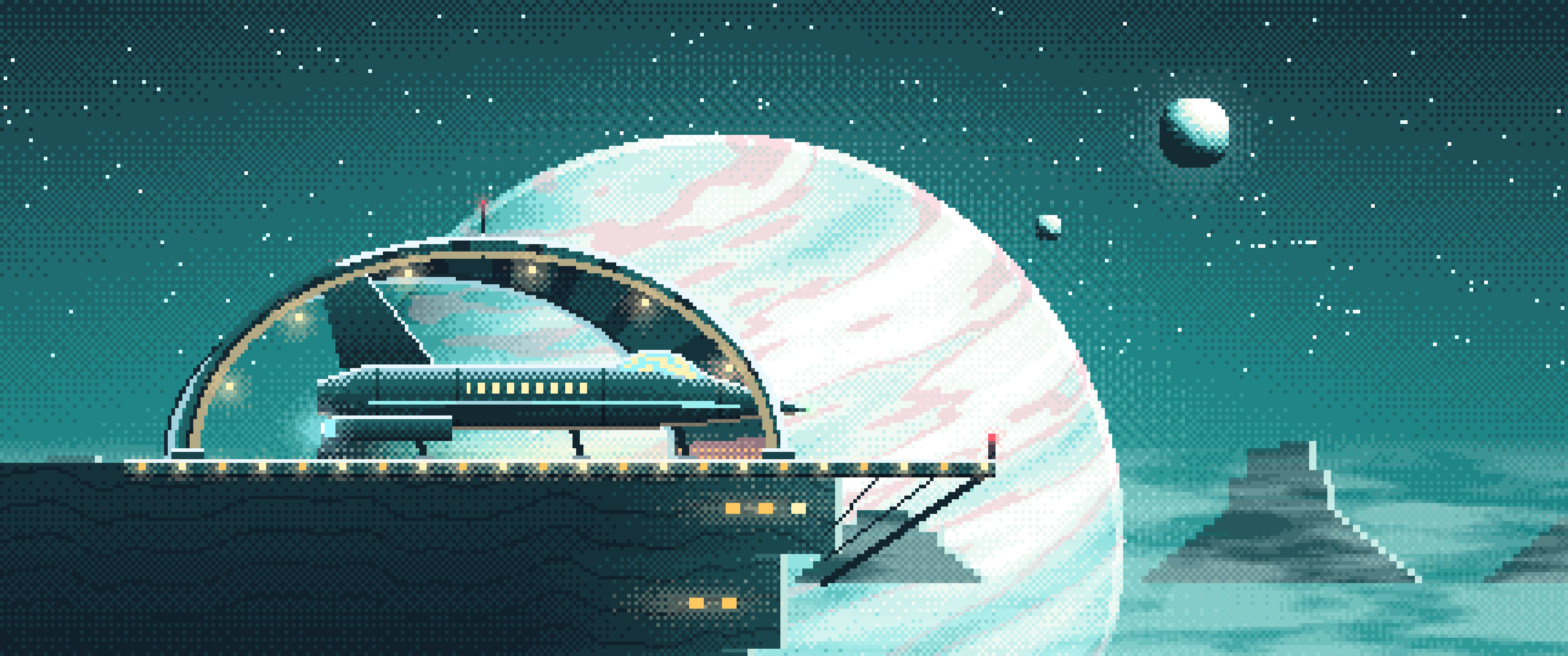 Teal Pixel Art Starship Hangar at Planet Rise ultrawide wallpaper, 3440 × 1440