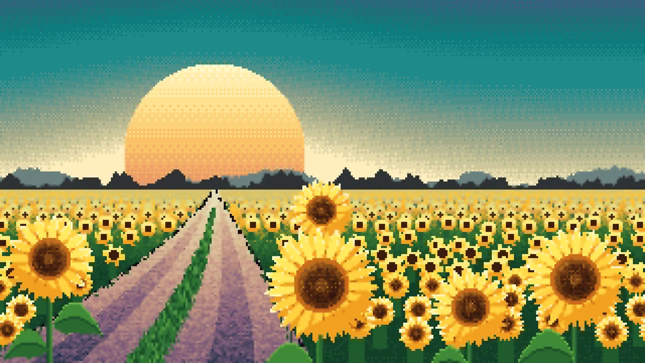 Teal Pixel Art Sunflower Field Road at Sunset desktop wallpaper in 4K