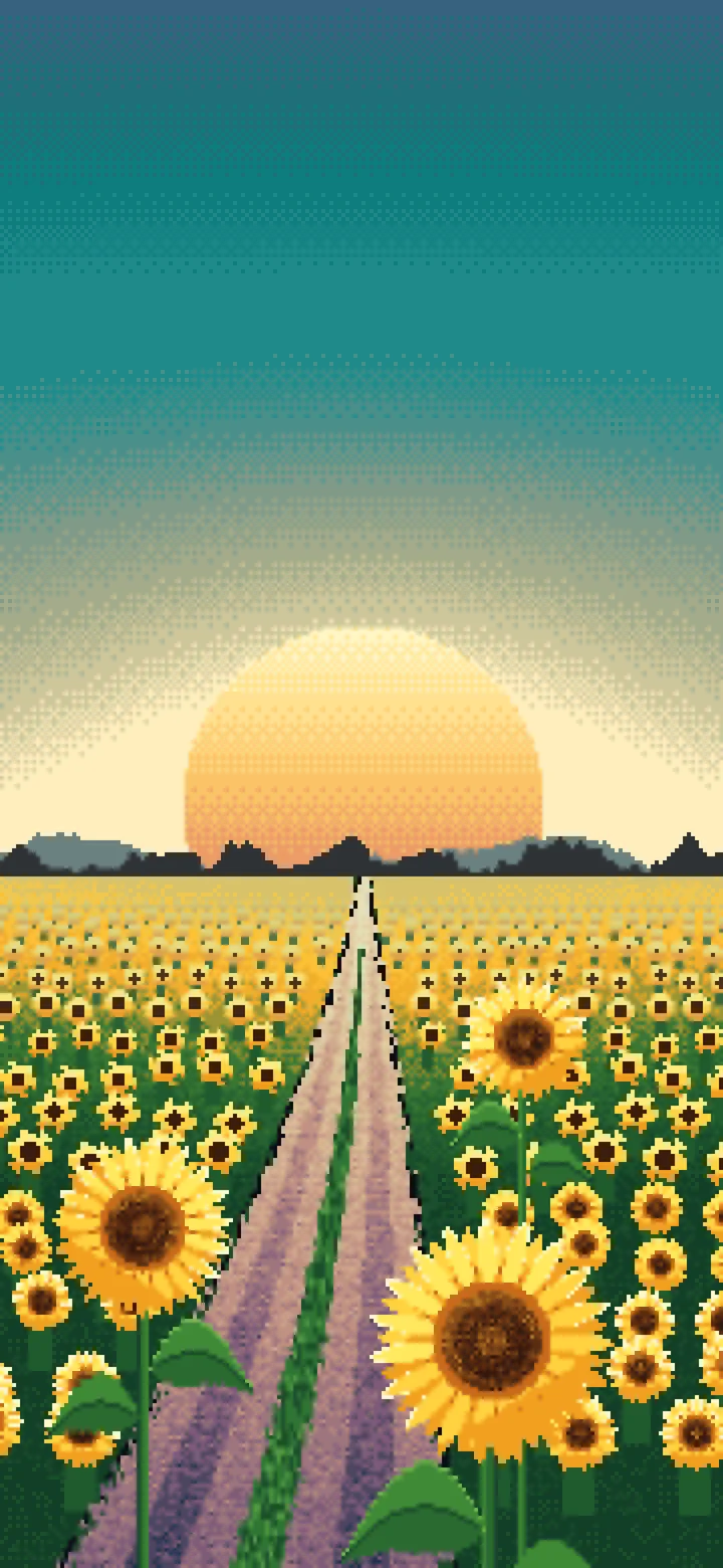 Teal Pixel Art Sunflower Field Road at Sunset wallpaper for iPhone and Android