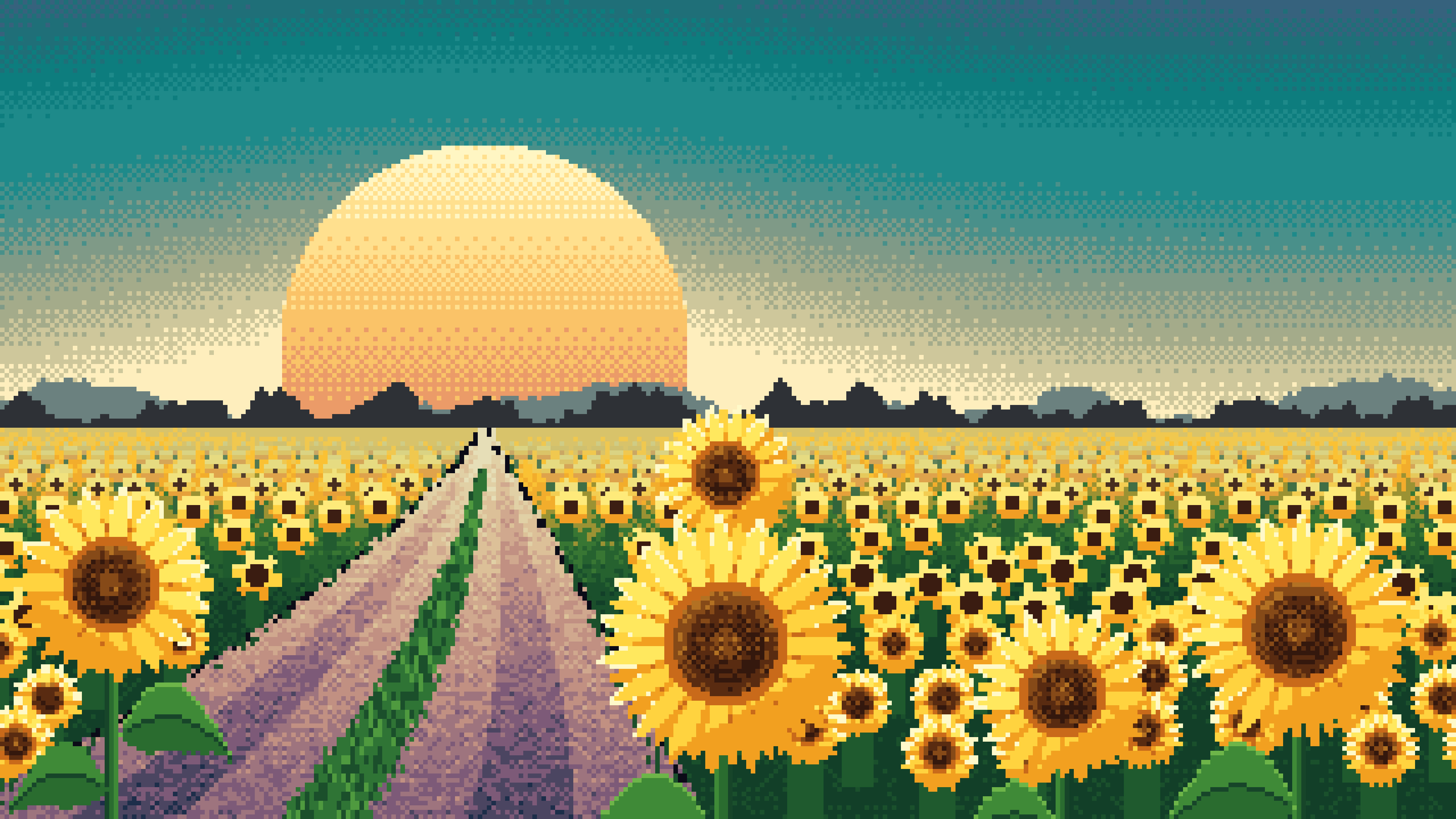 Teal Pixel Art Sunflower Field Road at Sunset desktop wallpaper in 4K