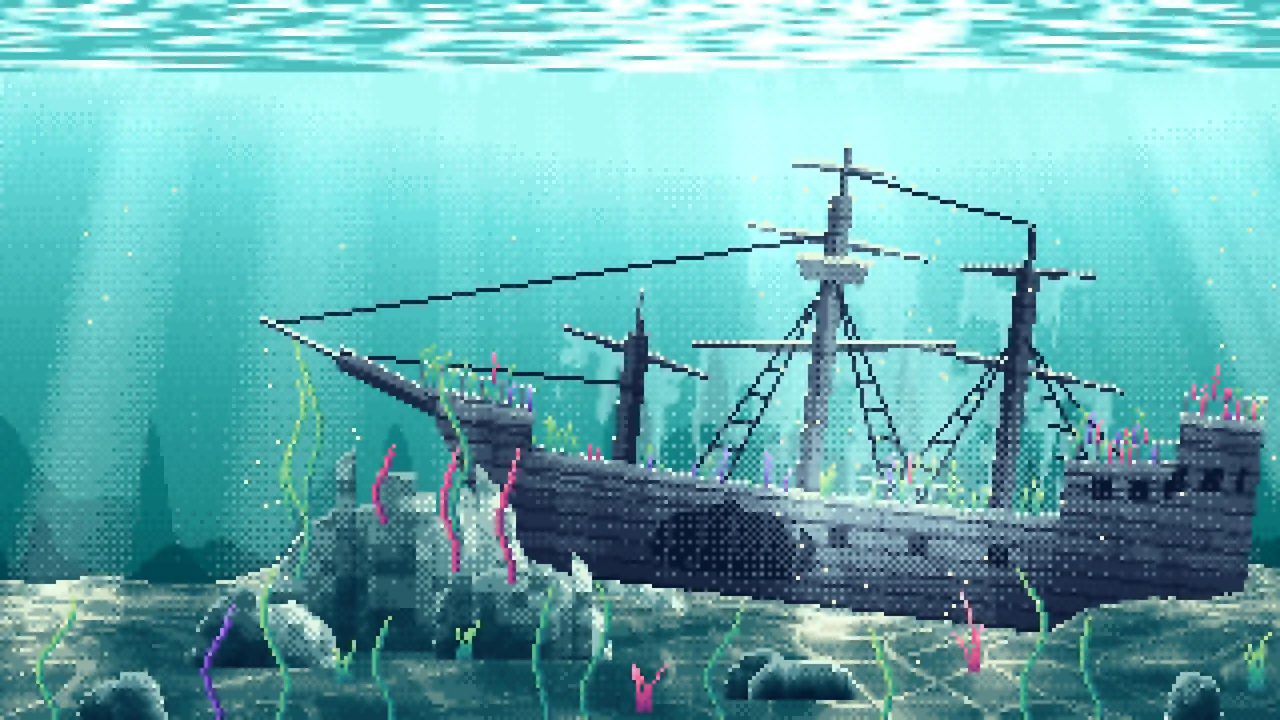 Teal Pixel Art Sunken Ship Underwater desktop wallpaper in 4K
