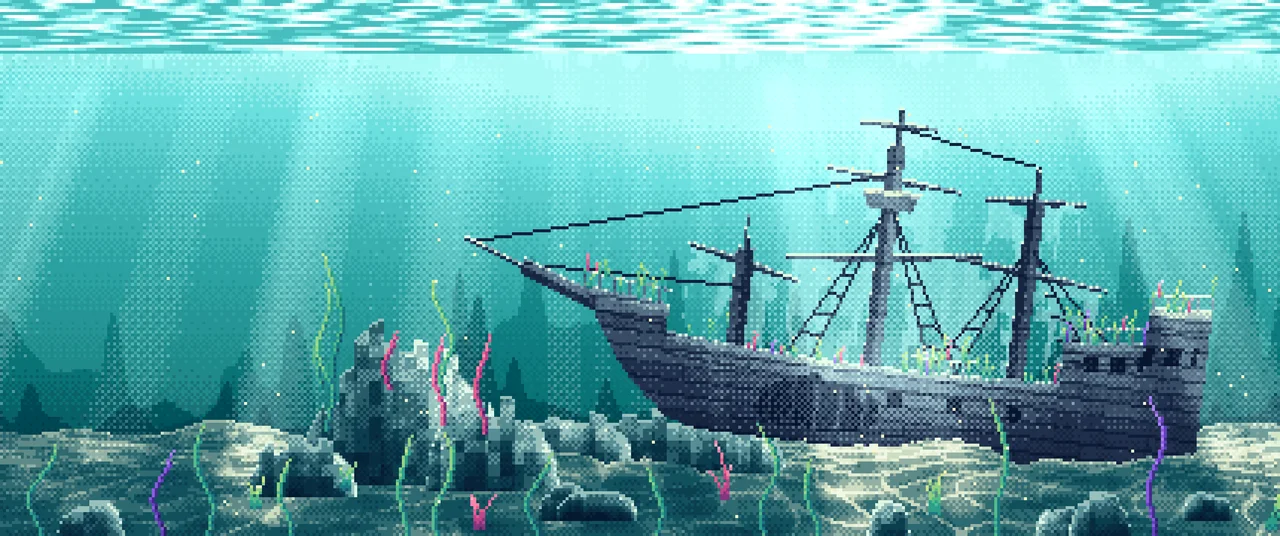 Teal Pixel Art Sunken Ship Underwater ultrawide wallpaper, 3440 × 1440