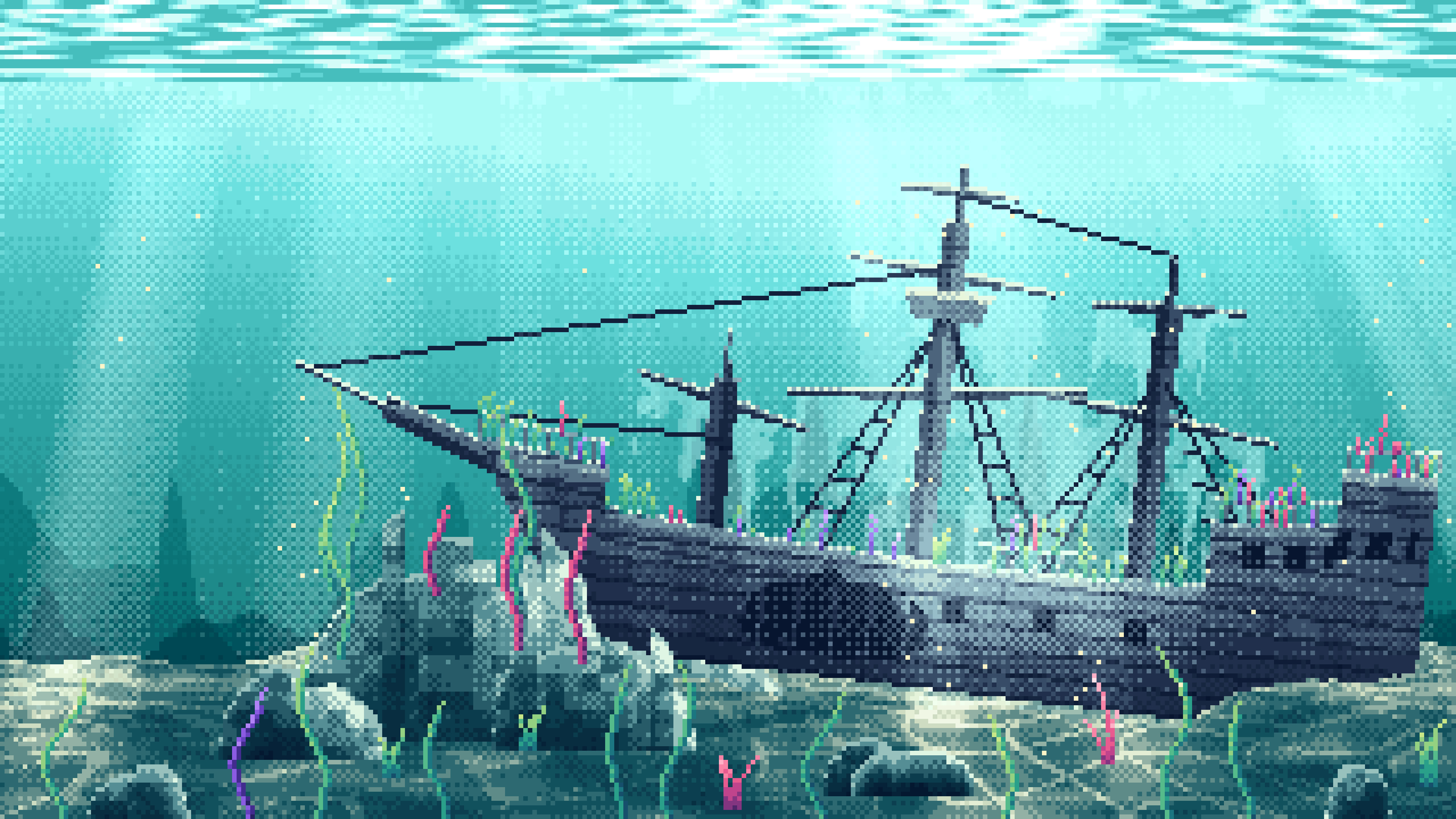 Teal Pixel Art Sunken Ship Underwater desktop wallpaper in 4K