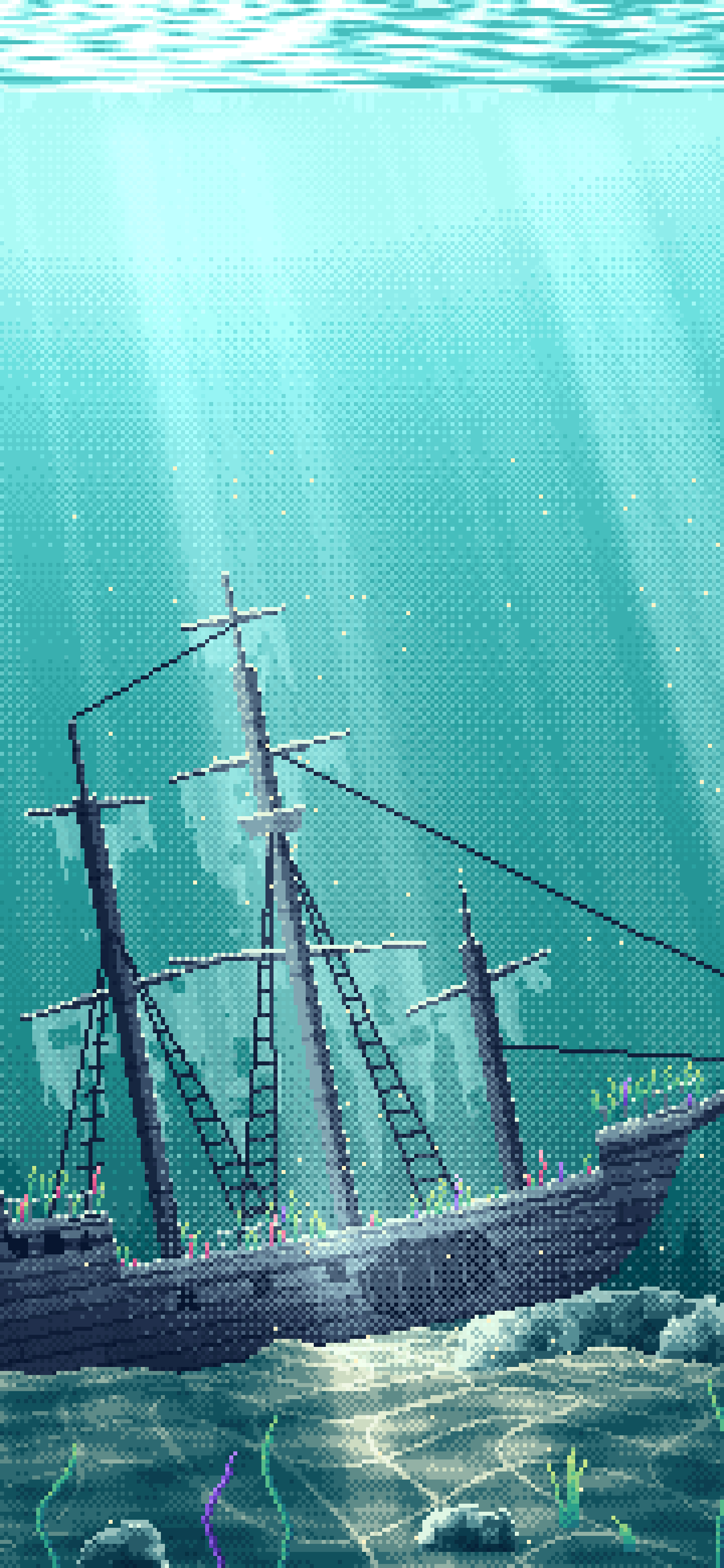 Teal Pixel Art Sunken Ship Underwater wallpaper for iPhone and Android