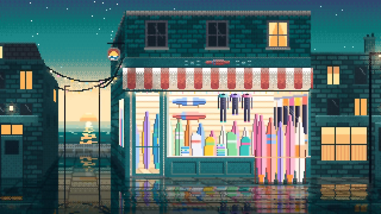 Teal Pixel Art Surf Shop desktop wallpaper in 4K