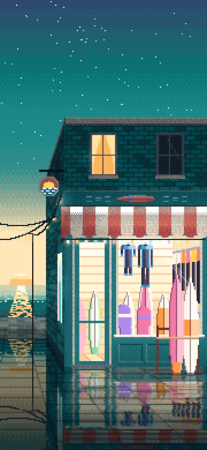 Teal Pixel Art Surf Shop wallpaper for iPhone and Android