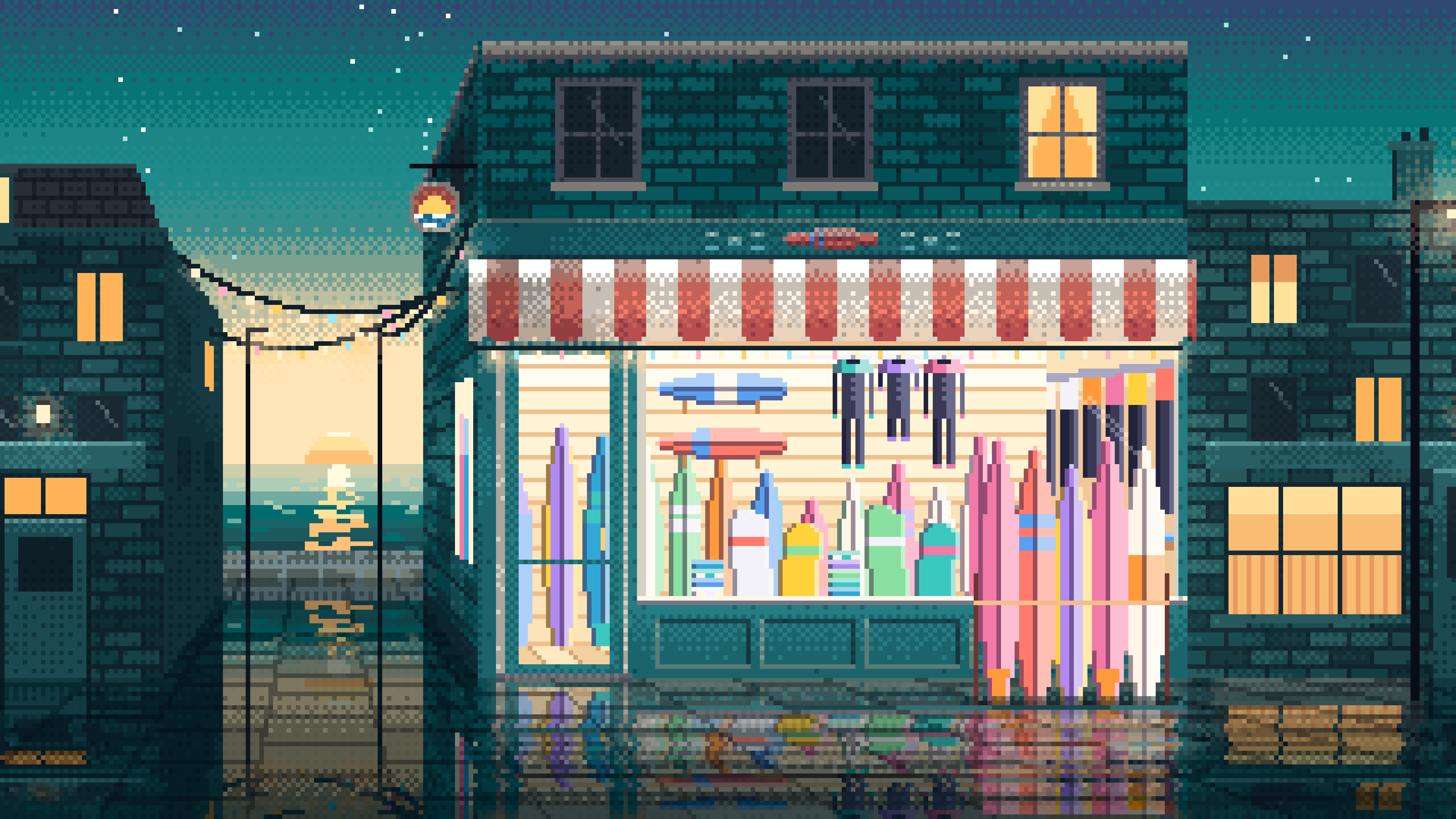 Teal Pixel Art Surf Shop desktop wallpaper in 4K