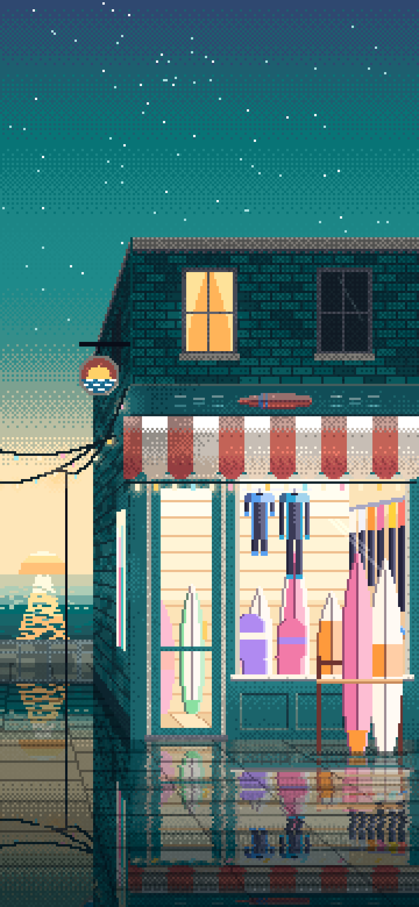 Teal Pixel Art Surf Shop wallpaper for iPhone and Android