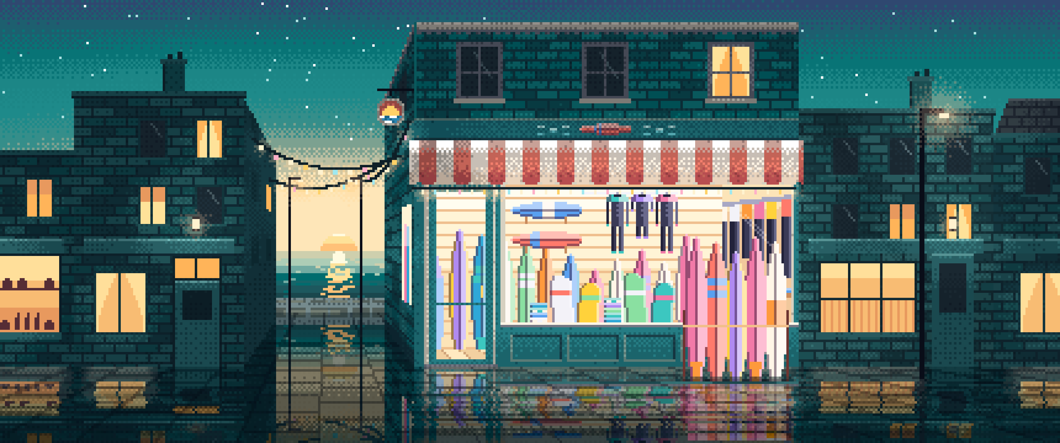 Teal Pixel Art Surf Shop ultrawide wallpaper, 3440 × 1440