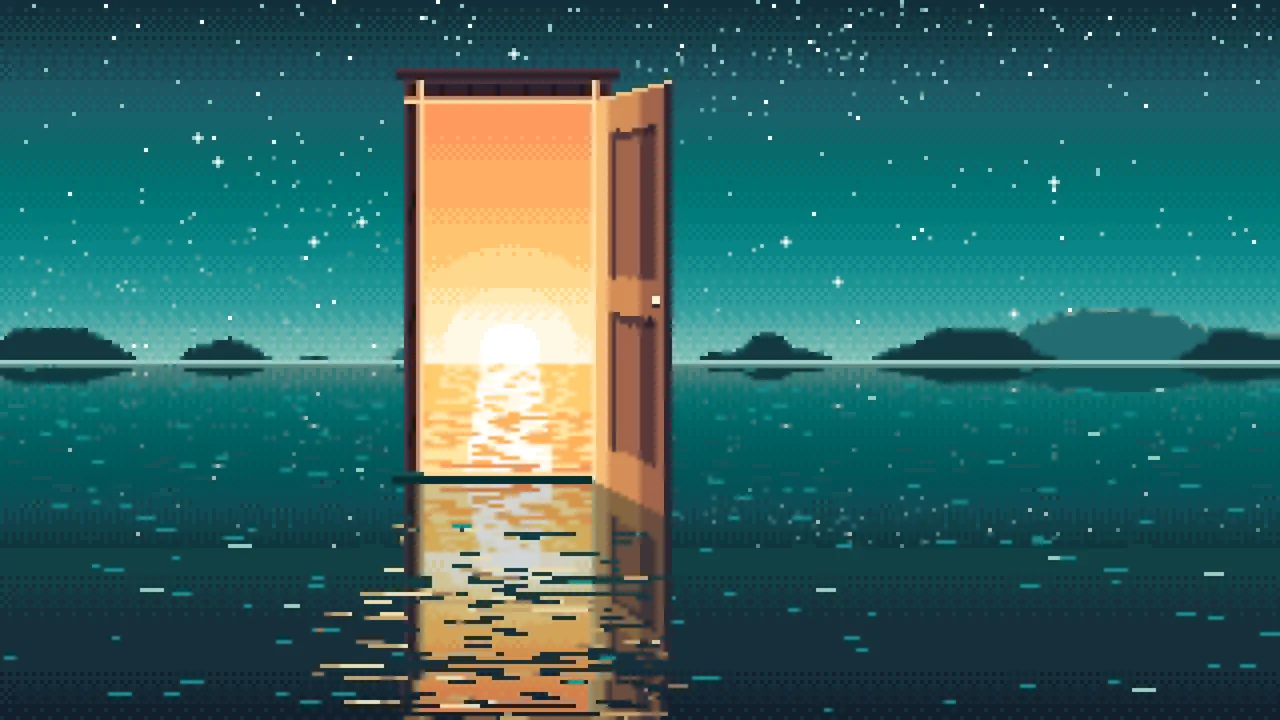 Teal Pixel Art Surreal Door on a Lake at Night desktop wallpaper in 4K