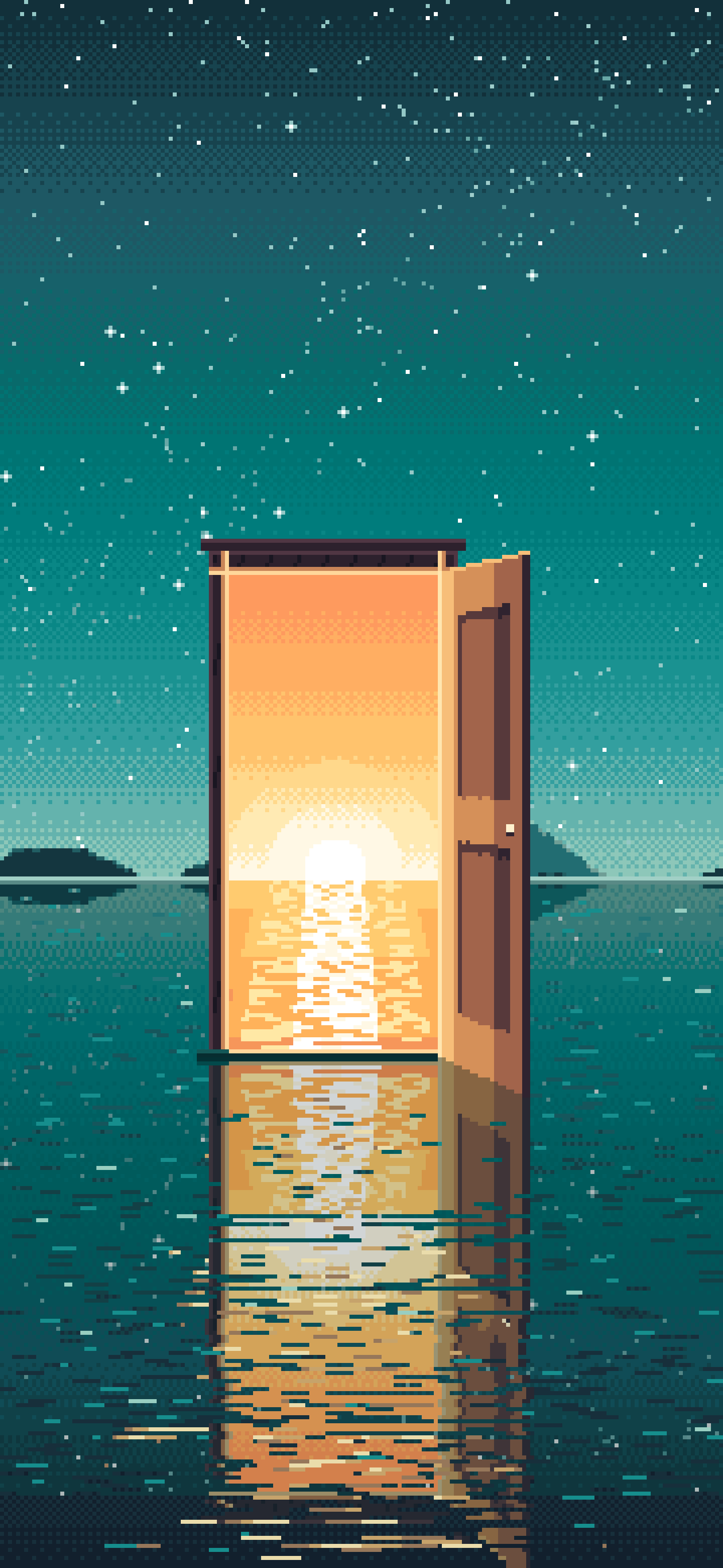 Teal Pixel Art Surreal Door on a Lake at Night wallpaper for iPhone and Android
