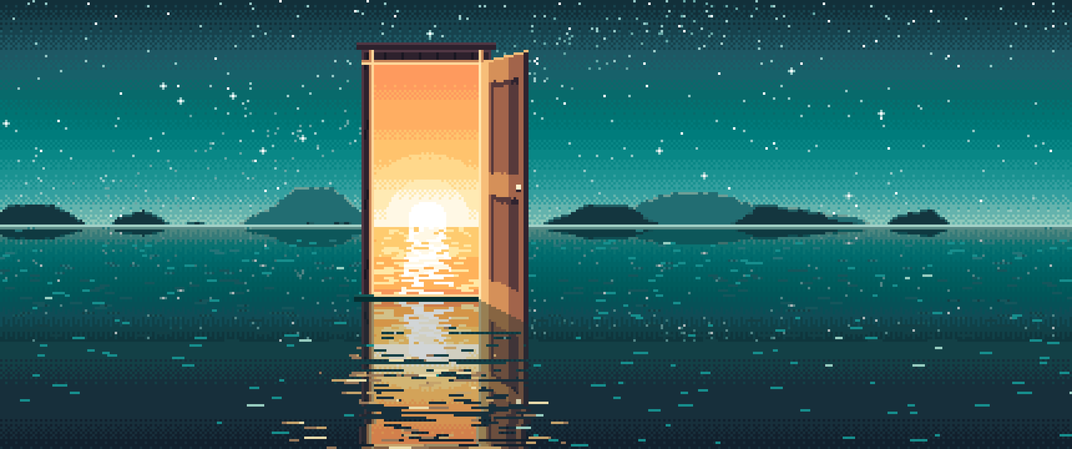 Teal Pixel Art Surreal Door on a Lake at Night ultrawide wallpaper, 3440 × 1440